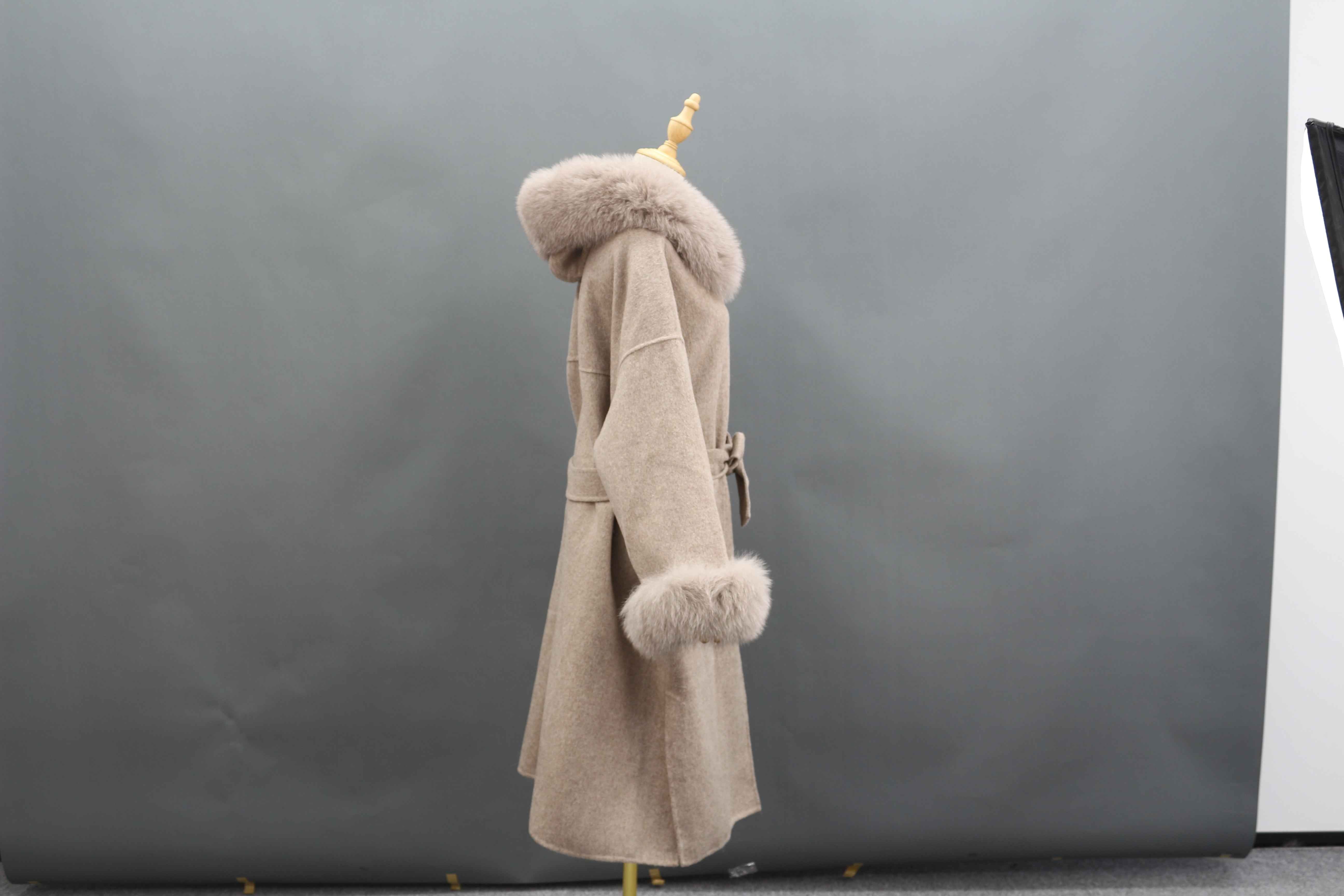 Women's Luxury Double - Faced Cashmere Coat with Fox Fur Collar, Cuffs and Hood, Belted Long Winter Outerwear