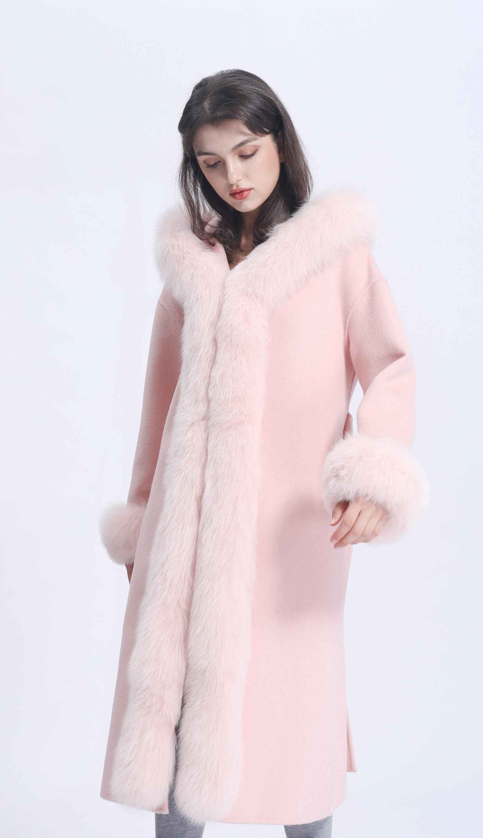 Women's Luxury Double - Faced Wool Coat with Fox Fur Trim  & Fox Fur Cuffs, Belted Elegant Winter Outerwear