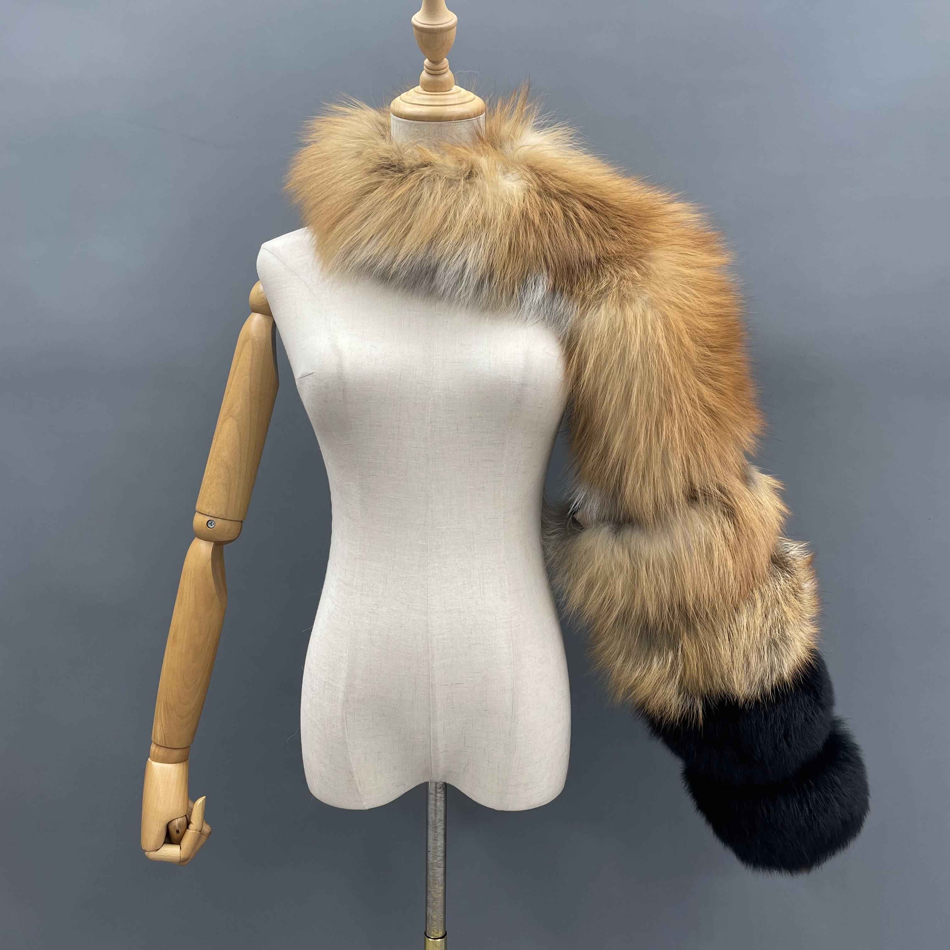 Women's Real Fox Fur Arm Warmers, Luxury Fur Sleeve Cuffs for Winter Fashion Accessories 38#Red Black F