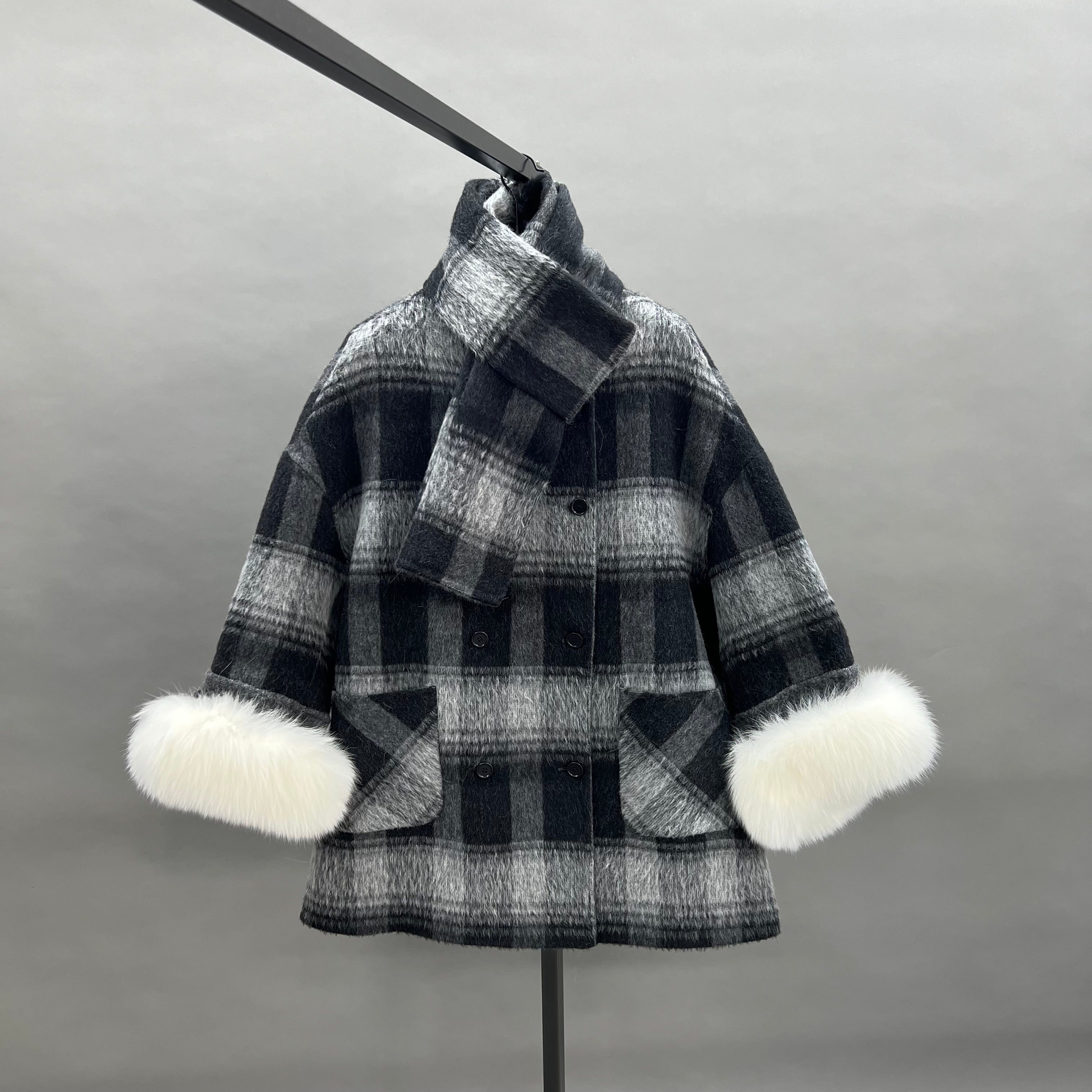 Luxury NEW Winter Wool Coat with Built-in Scarf & Real Fox Fur Cuffs – Women's Winter Plaid Overcoat - Janefur