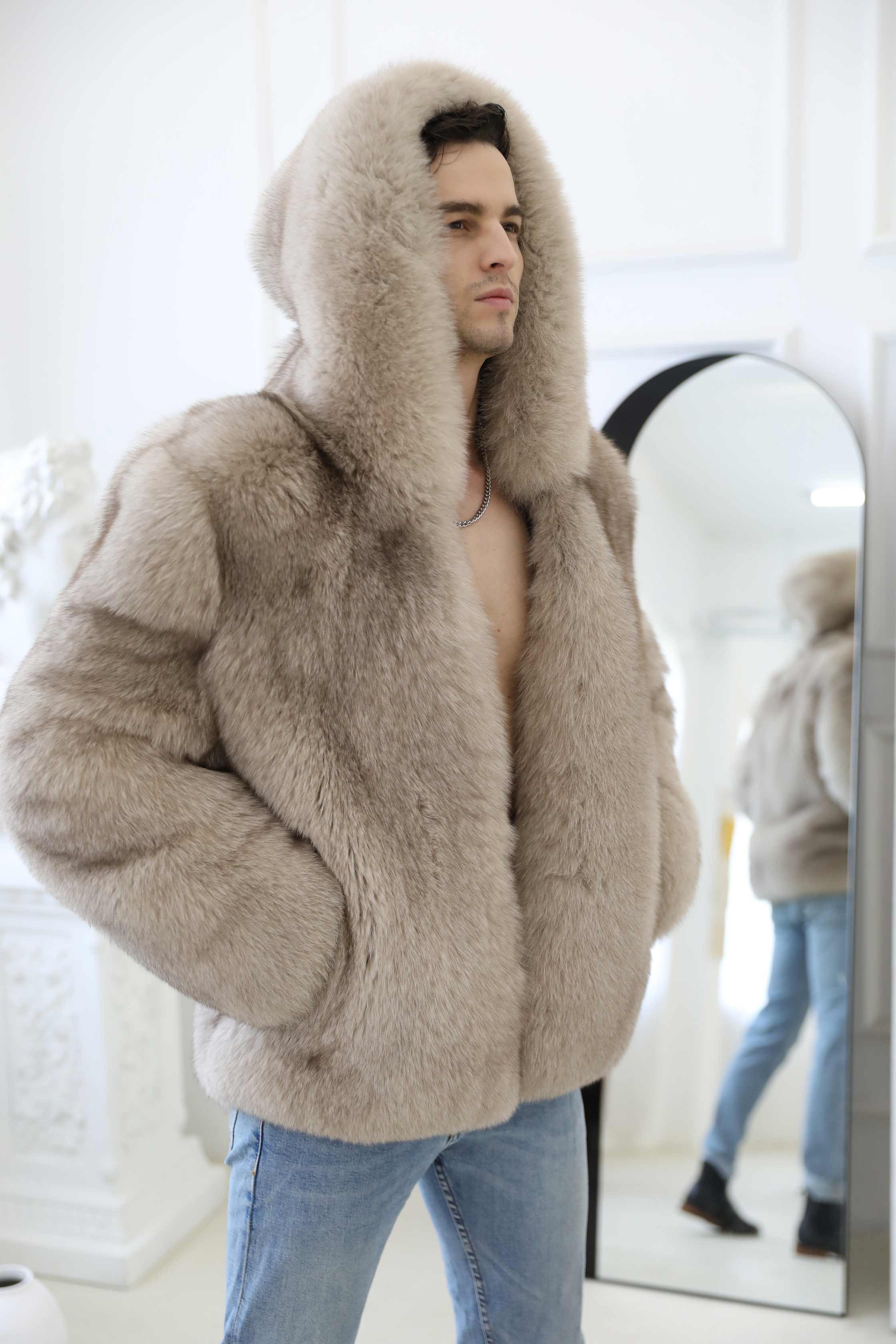 Fashionable Warm Winter Real Fox Fur Thick Jacket Solid Colour Hoodie - Janefur