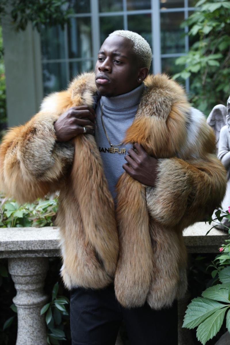 Men's Red Fox Fur Coat with Vertical Stripes and a Hood - Janefur