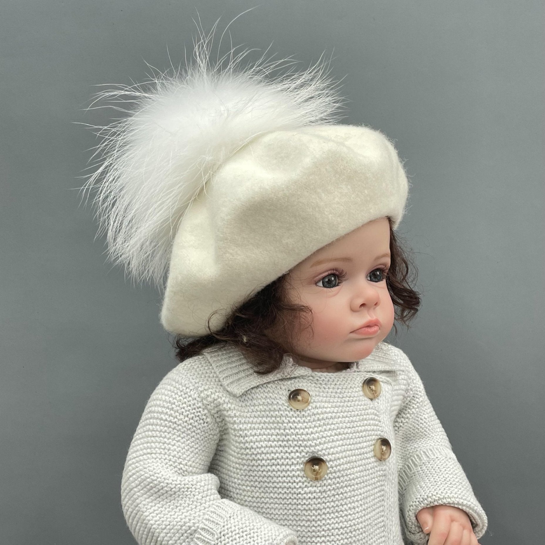 New Children's Autumn and Winter Wool Beret with Fur Pom Pom - Janefur