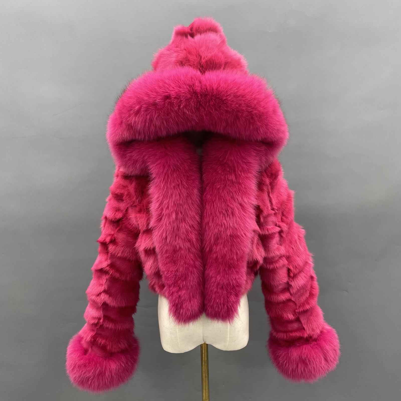 Fox Fur Coat for Women Luxurious Fox Fur Placket Hooded Zippered Jacket - Janefur