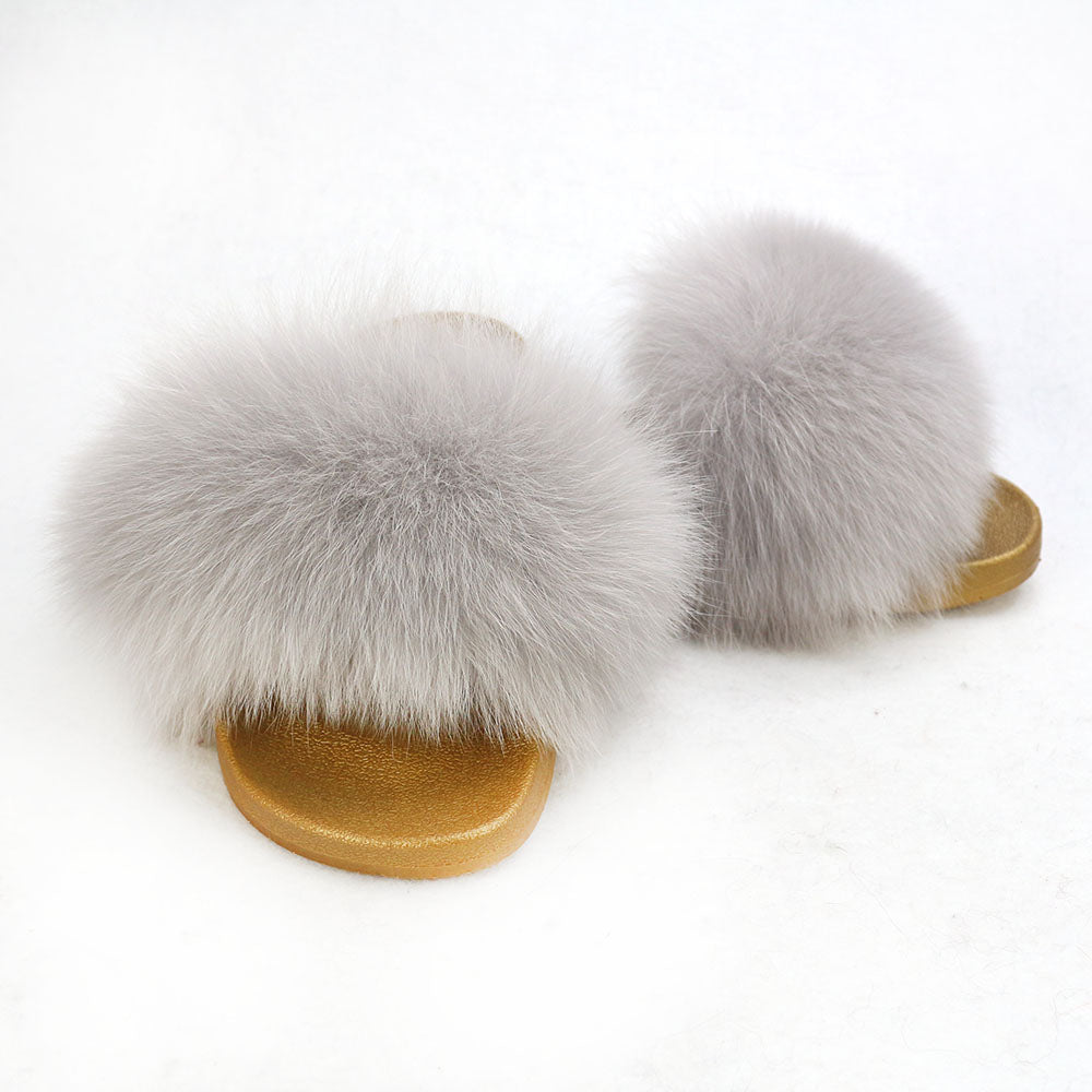 Janefur Wholesale Women's Fashion Slippers With Real Fox Fur Trim (Black, Gold, Silver Soles)