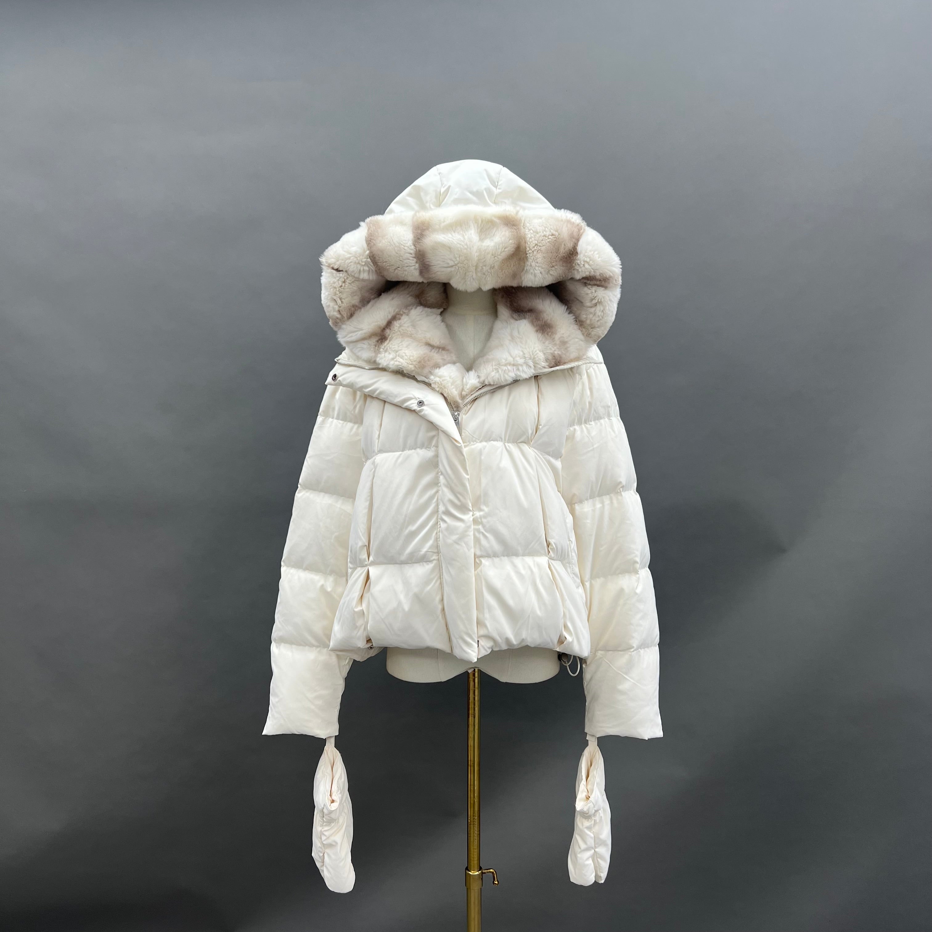 Women’s Beige Down Jacket with Real Rabbit Fur Hood – Detachable Mittens Winter Coat for Warm & Stylish Fashion 4#White