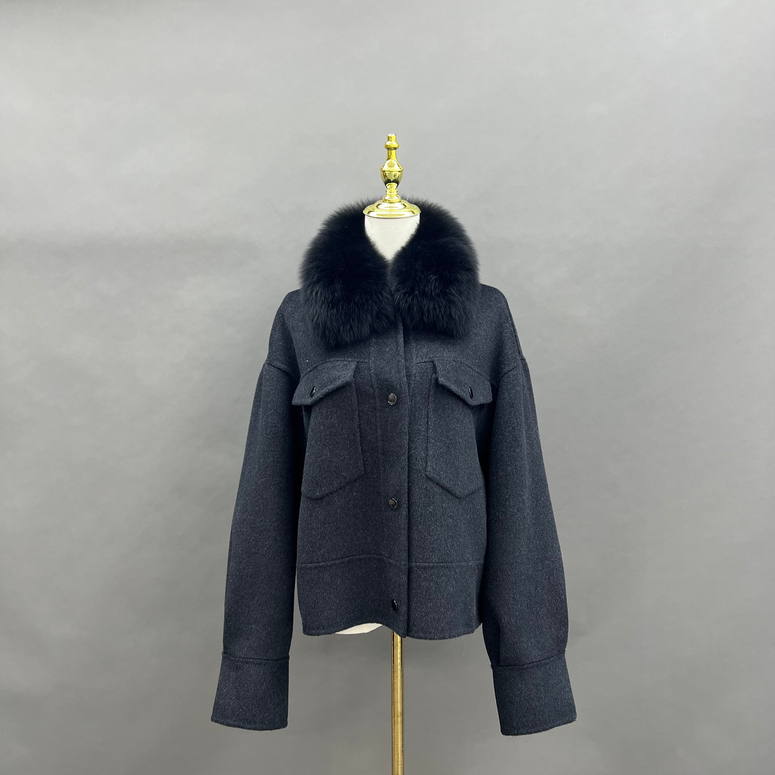Women's Short Fox Fur Lapel Buckle Fly Casual Cashmere Jacket 12#Dark Grey