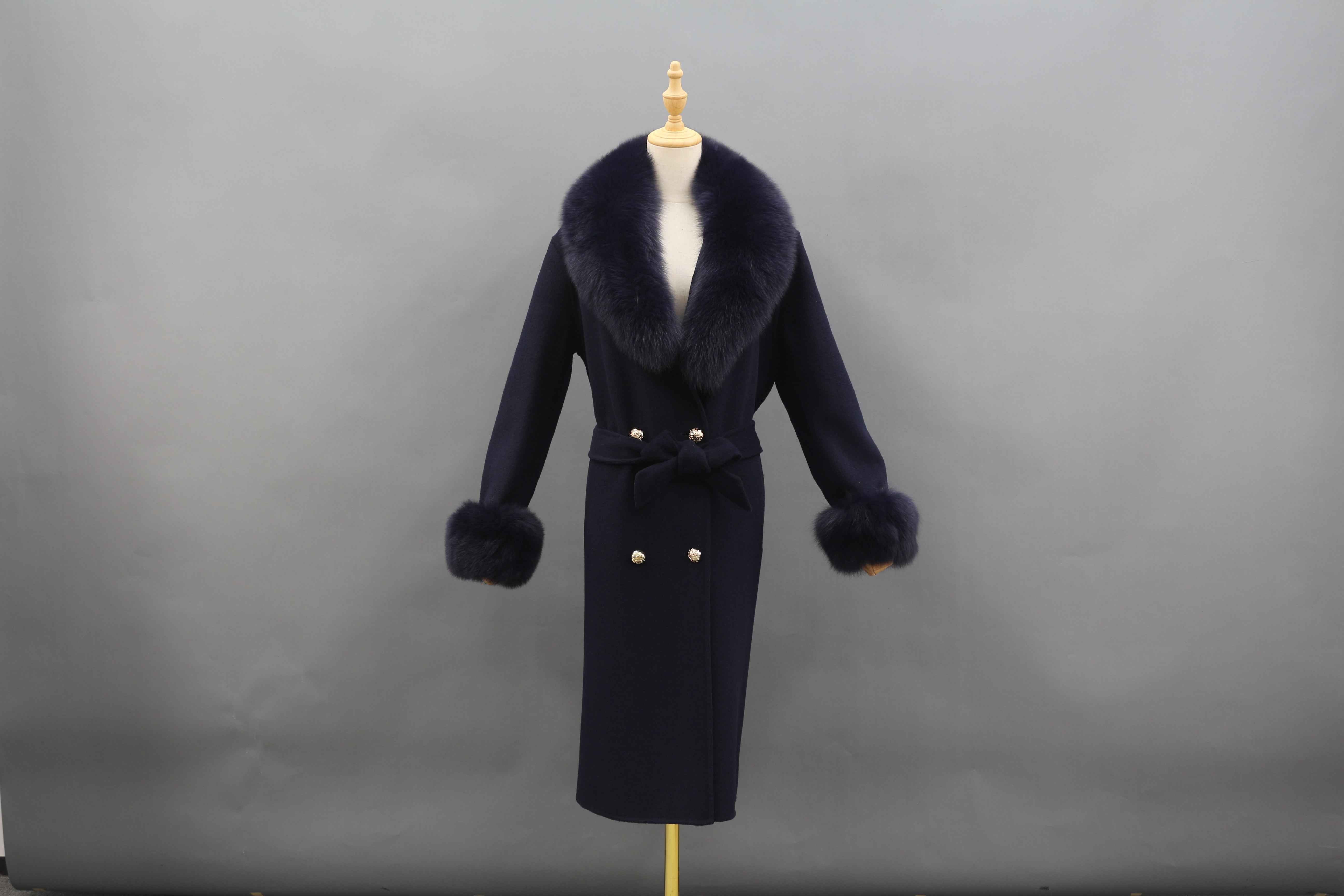 Luxurious Double - Faced Wool Long Coat with Large Fox Fur Collar, Fur Cuffs and Tie Waist
