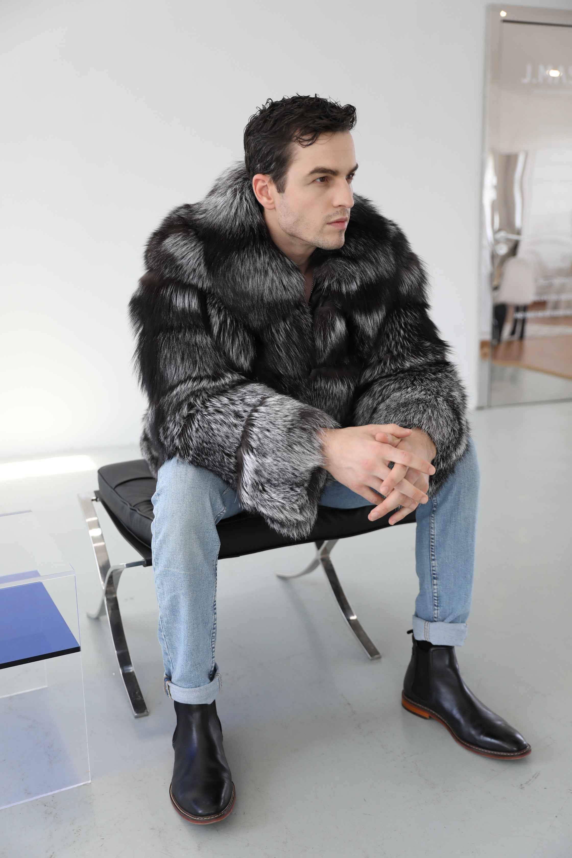 Men's Luxurious 6-Panel Notched Collar Silver Fox Fur Coat - High-End Winter Outerwear