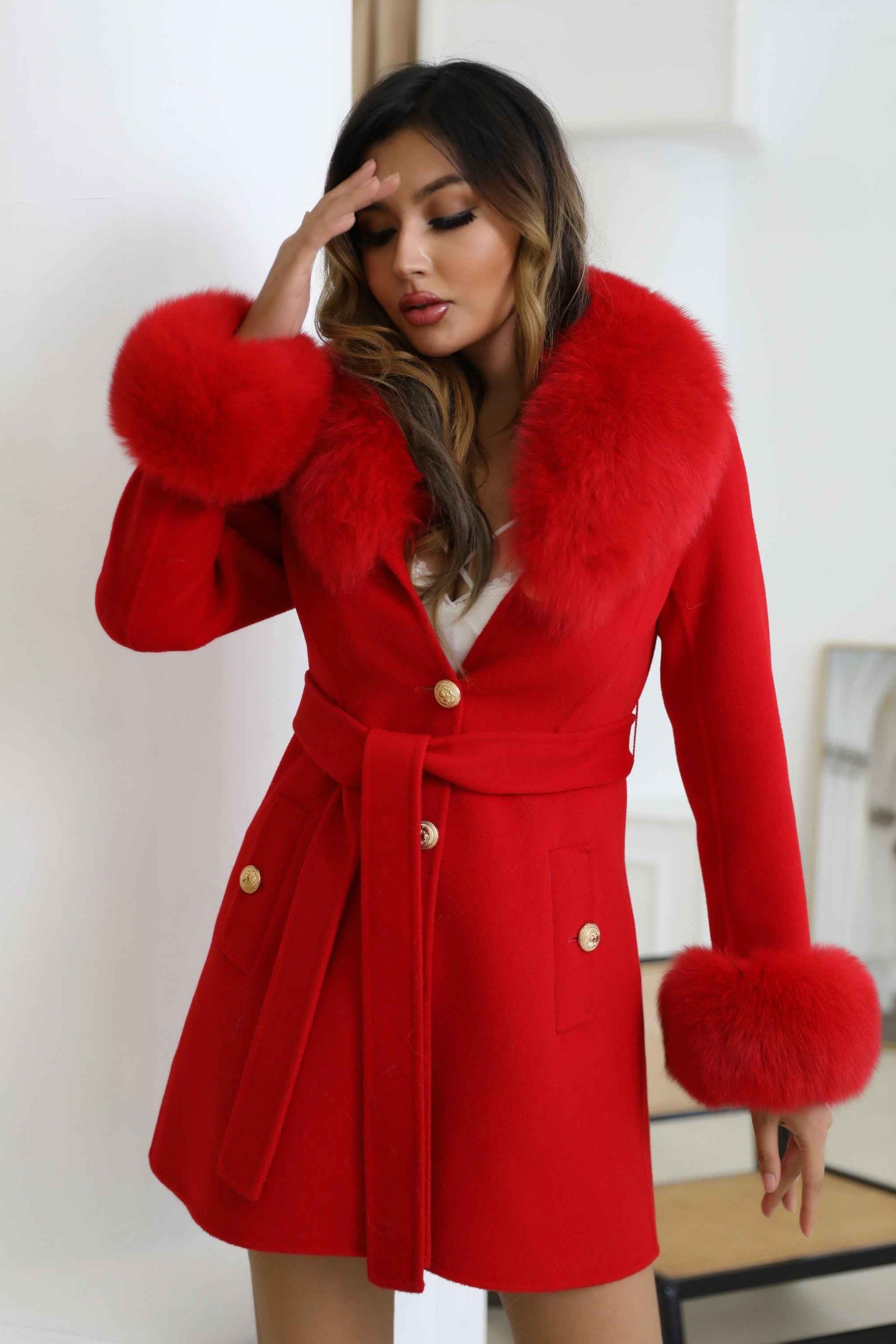 Autumn Winter Red Double - faced Wool Belted Coat