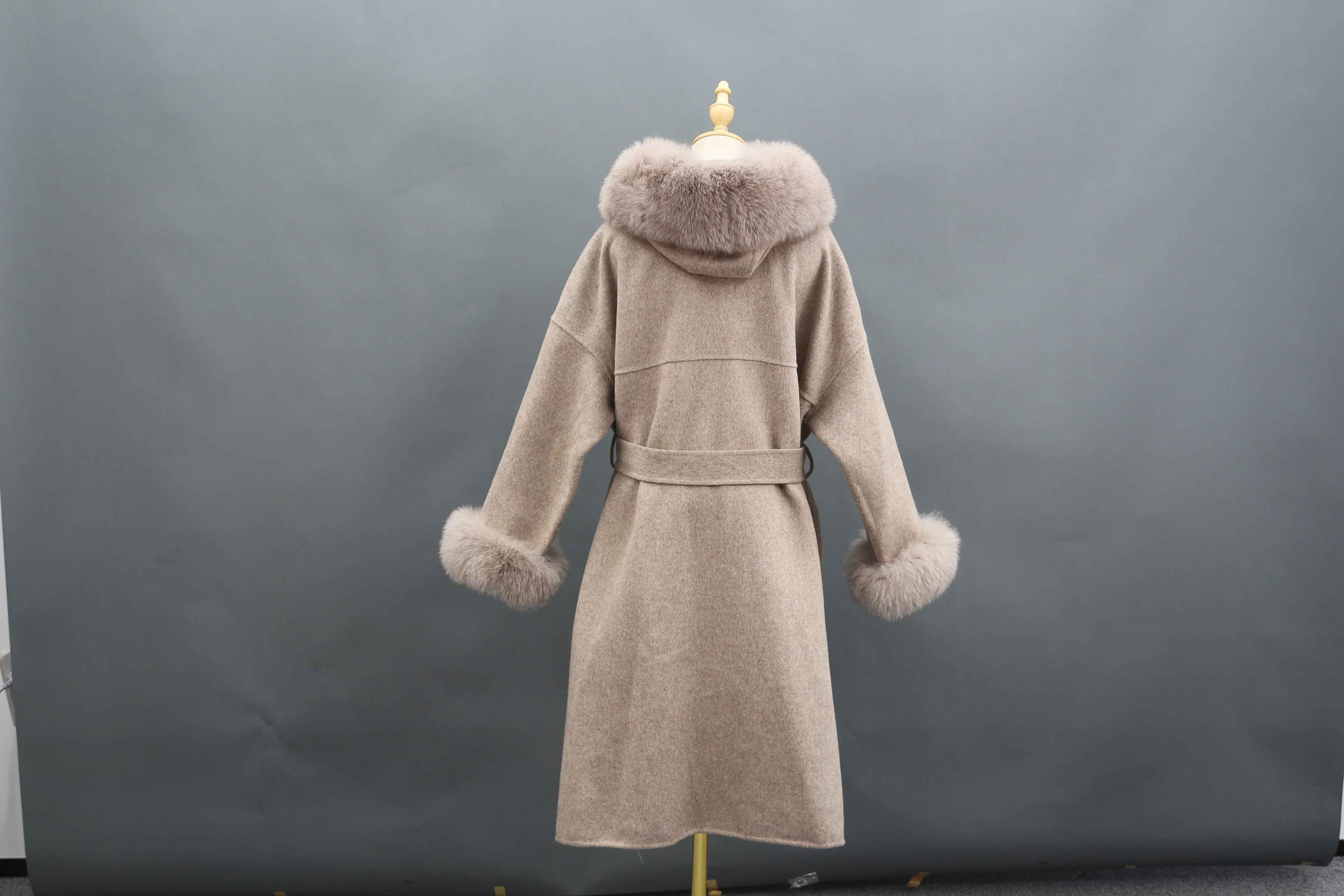 Women's Luxury Double - Faced Cashmere Coat with Fox Fur Collar, Cuffs and Hood, Belted Long Winter Outerwear