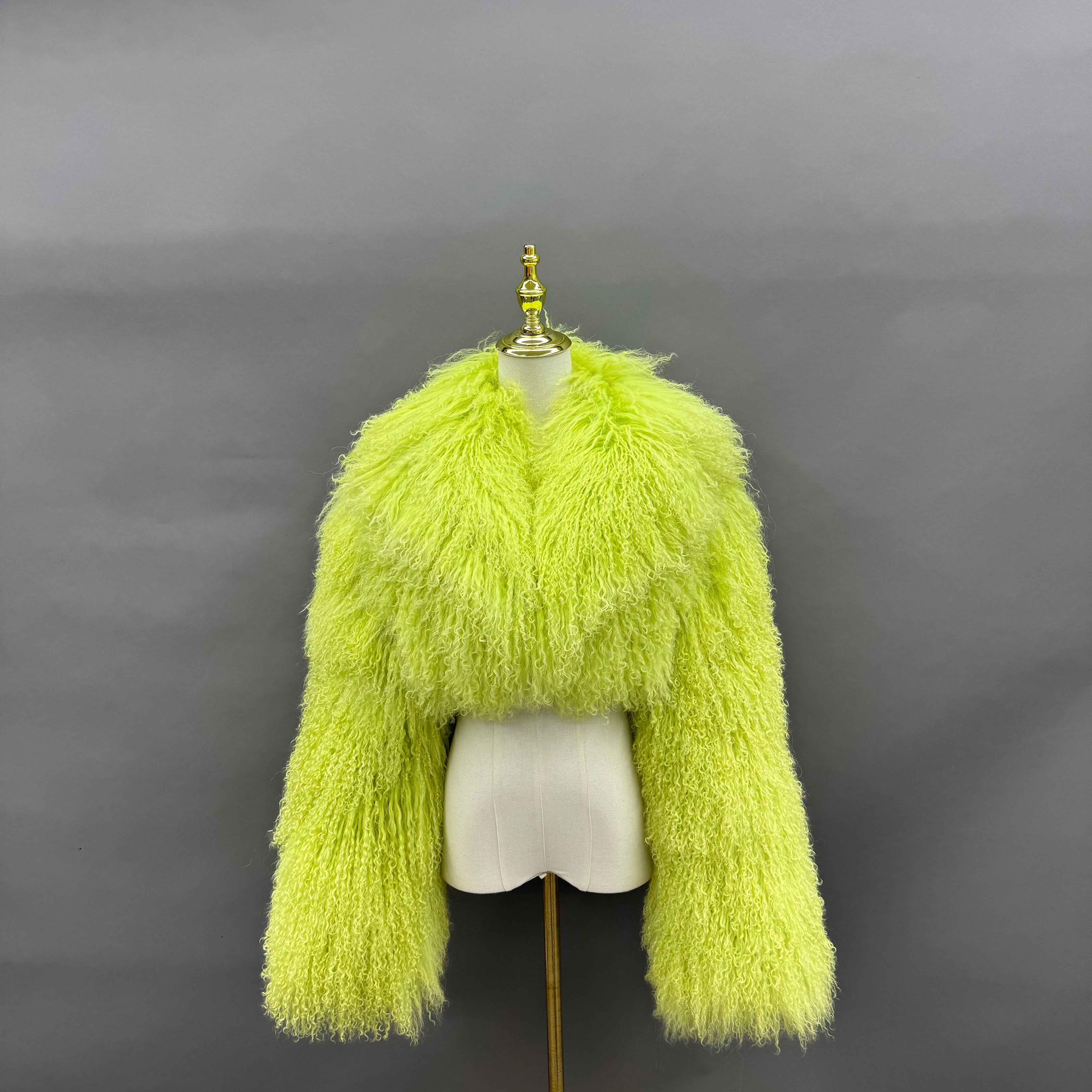 Women's Burgundy Mongolian Lamb Fur Jacket – Notch Lapel, Crop Top, Stylish Winter Outerwear for Women 9#Light Green