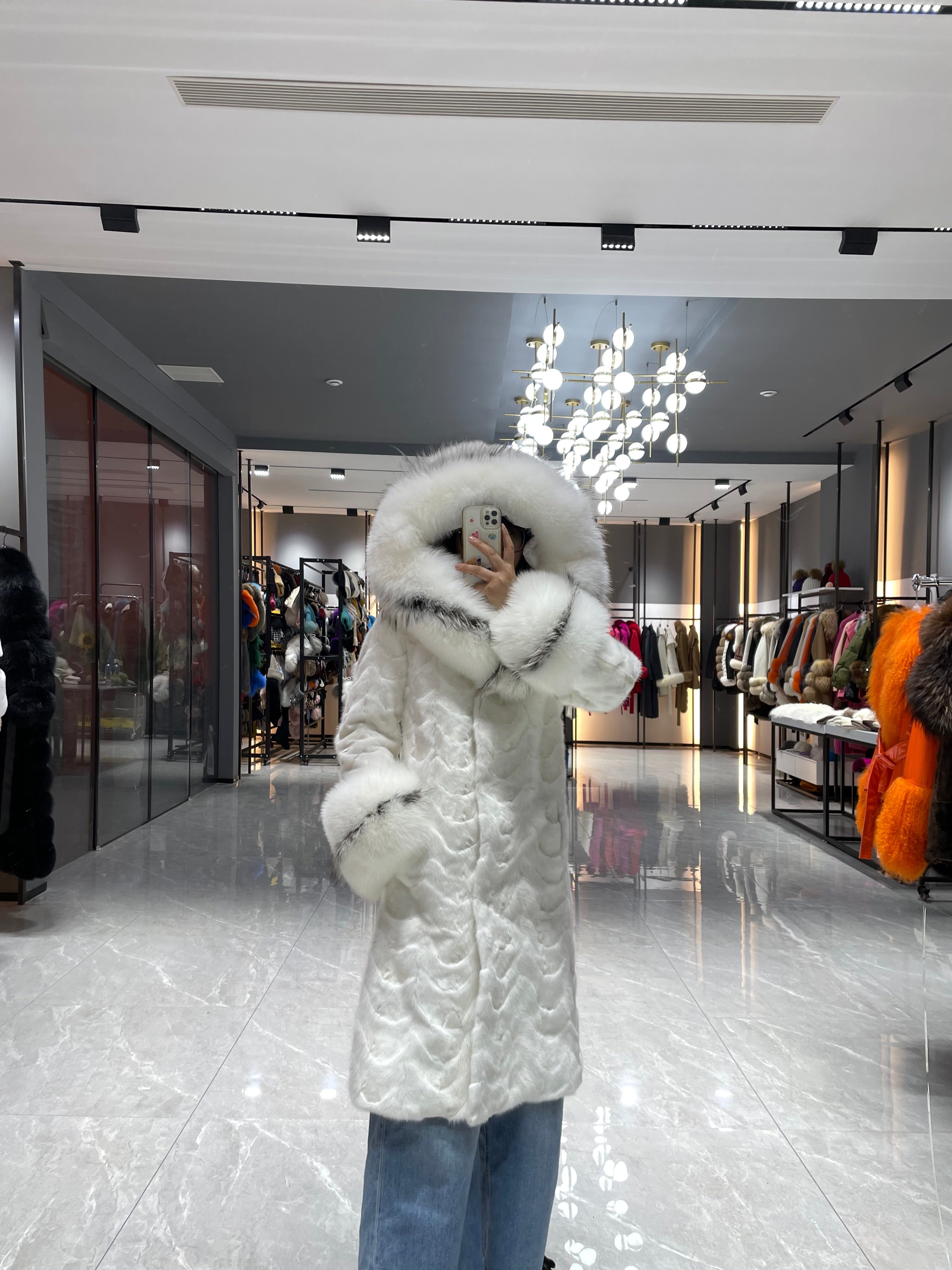 Luxury Long Mink Fur Coat with Fox Fur Hood & Cuffs – Women's Winter Warm Hooded Overcoat - Janefur
