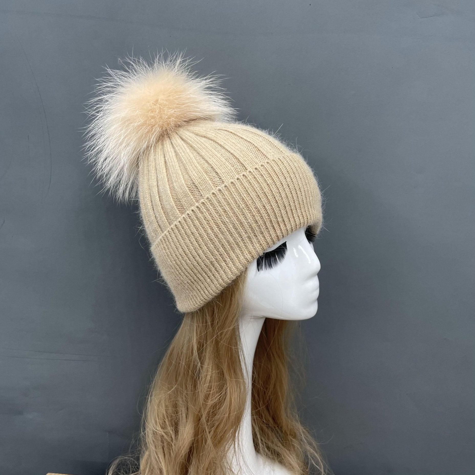 Winter Knitted Angora Beanie Hat With Removable Fur Pom Pom - Janefur