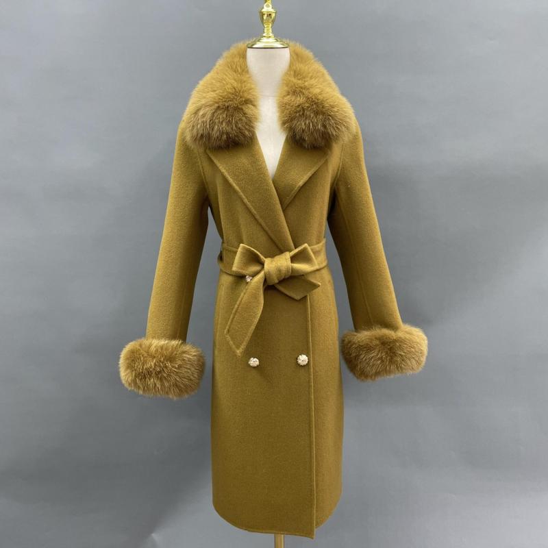 Women's Long Cashmere Coat With Fox Fur Collar And Belt - Janefur
