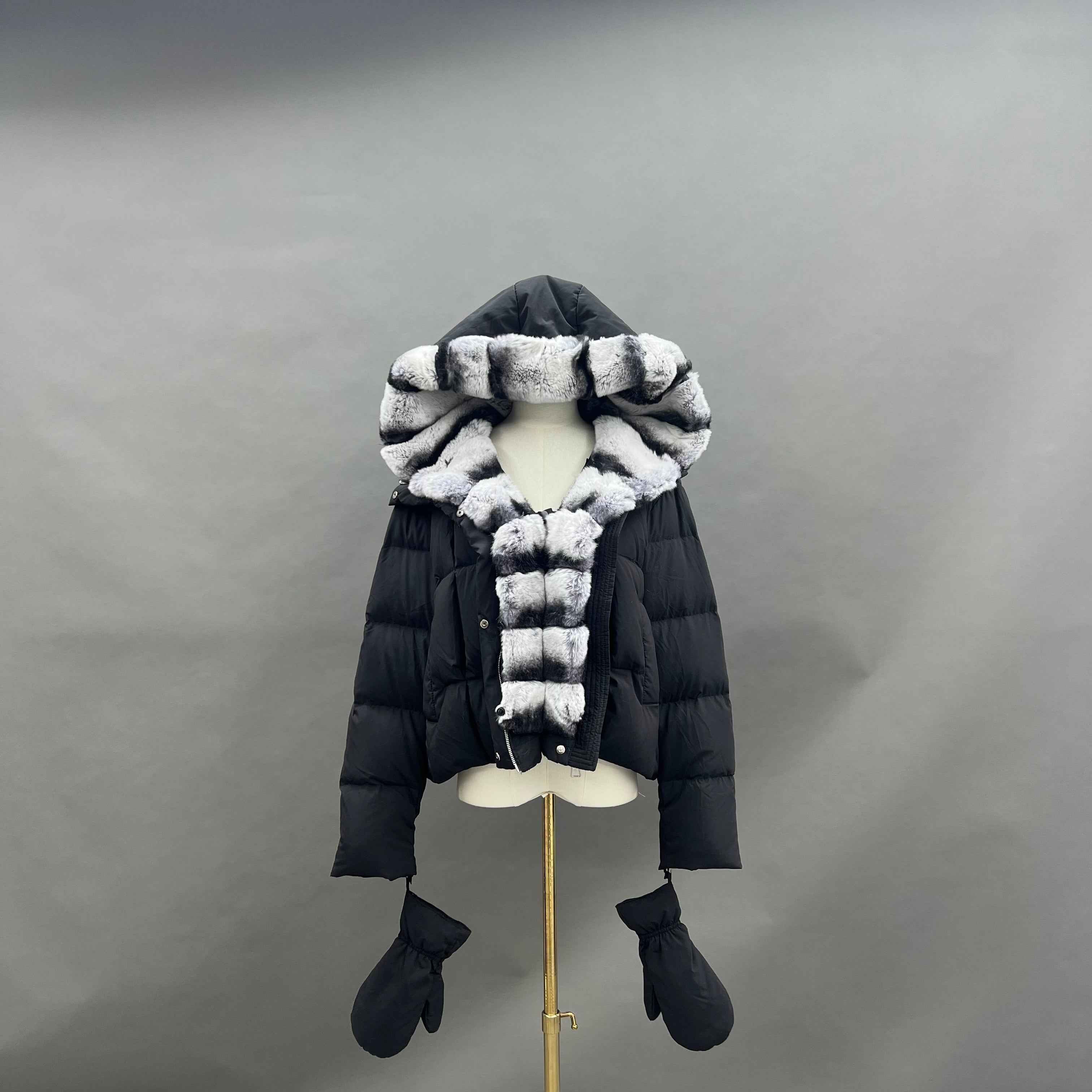 Women's Down Jacket with Removable Rabbit Fur Lined Hood & Front, Detachable Gloves Included