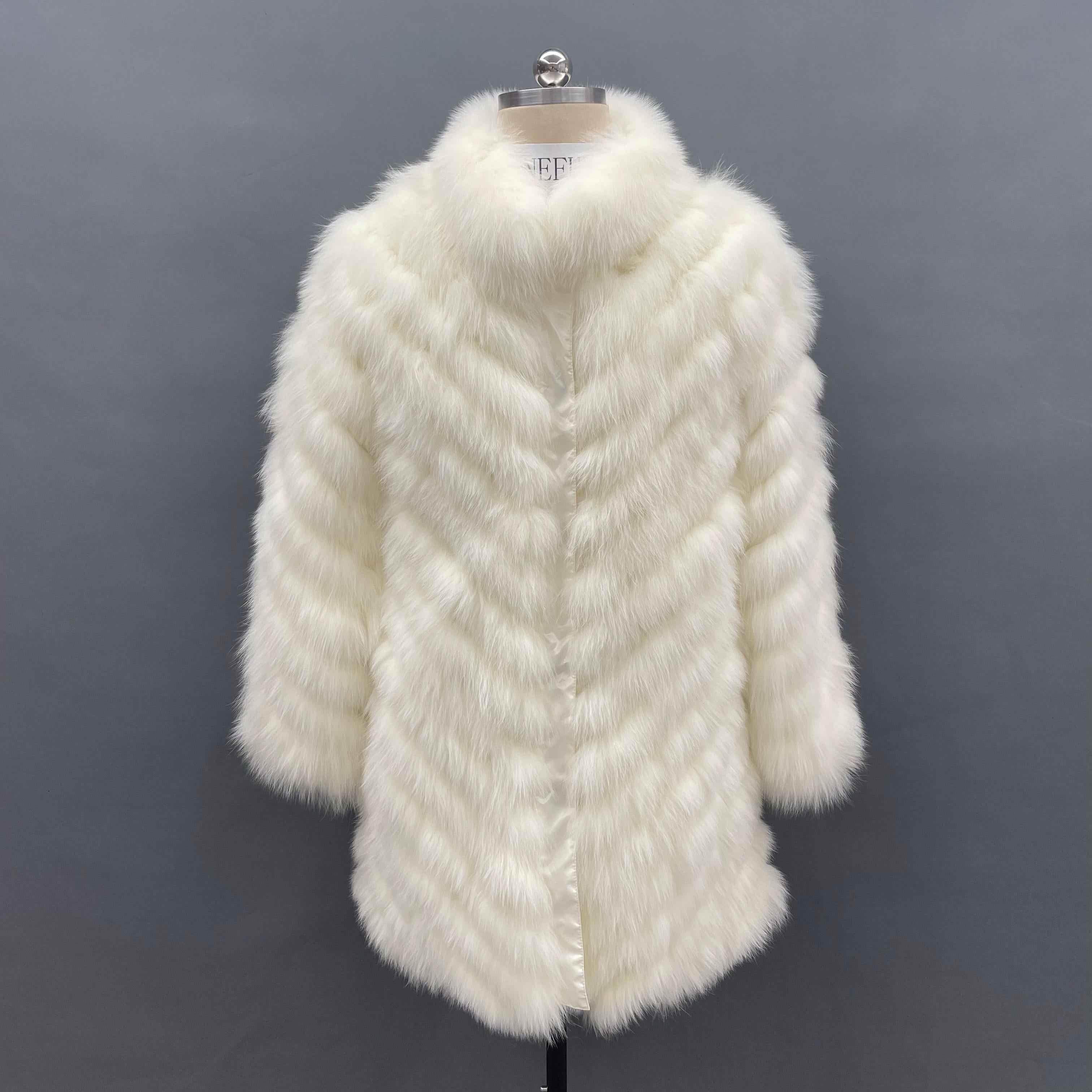 Double-Sided Fox Fur Diagonal Stripe Long Coat - Janefur