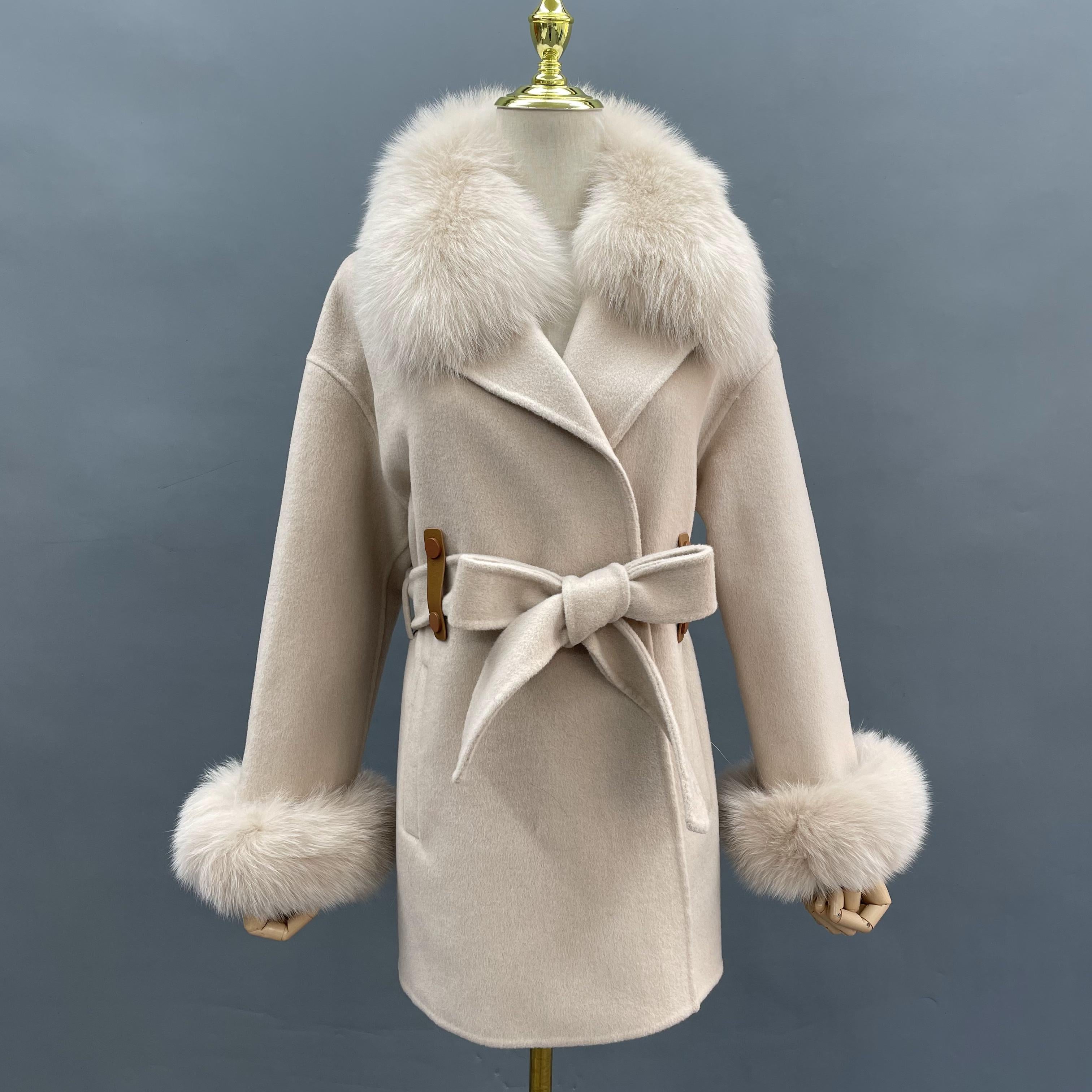 Trendy New Style Fox Fur Collar Short Cashmere Coat For Women - Janefur
