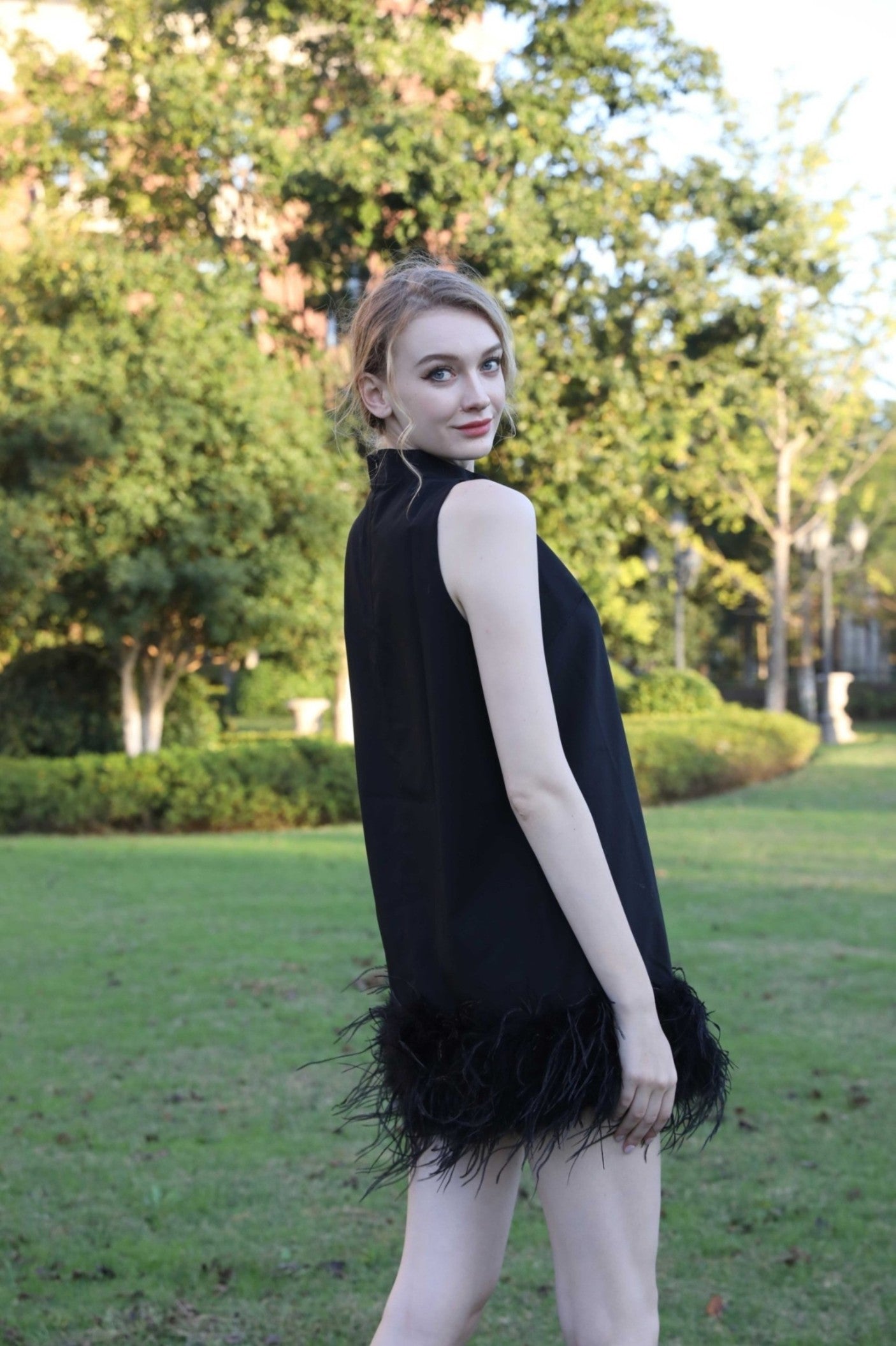 Long Dress With Ostrich Feather Hemline - Janefur