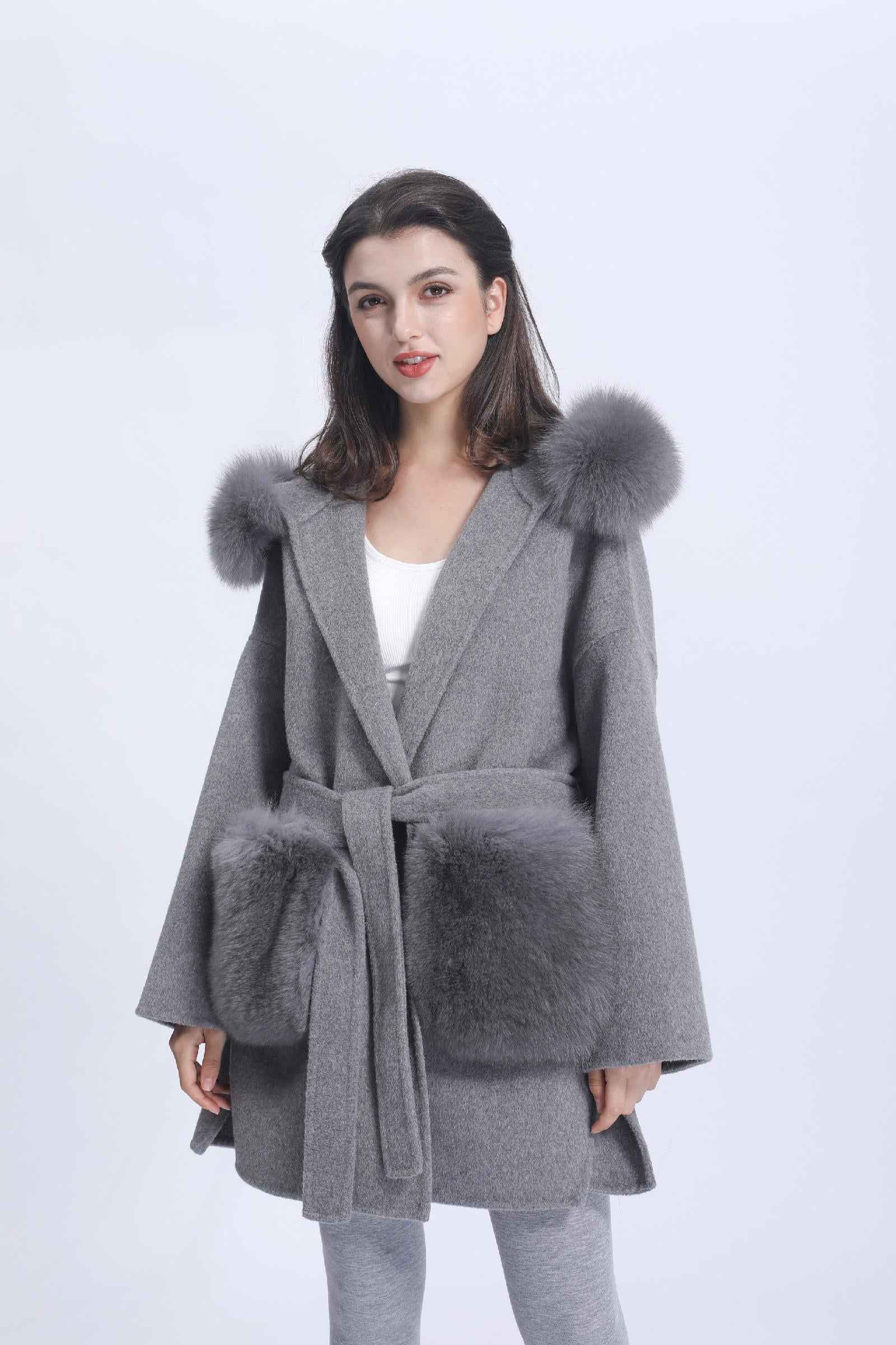 Cashmere Short Coat Women's Fashion Casual Hooded Jacket with Fur Pockets and Fur Collar Double-faced Wool Coat - Janefur