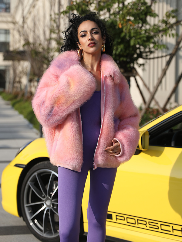 Janefur Lapel Zipper Womens Short Gorgeous Pink Faux Fur Jacket - Janefur