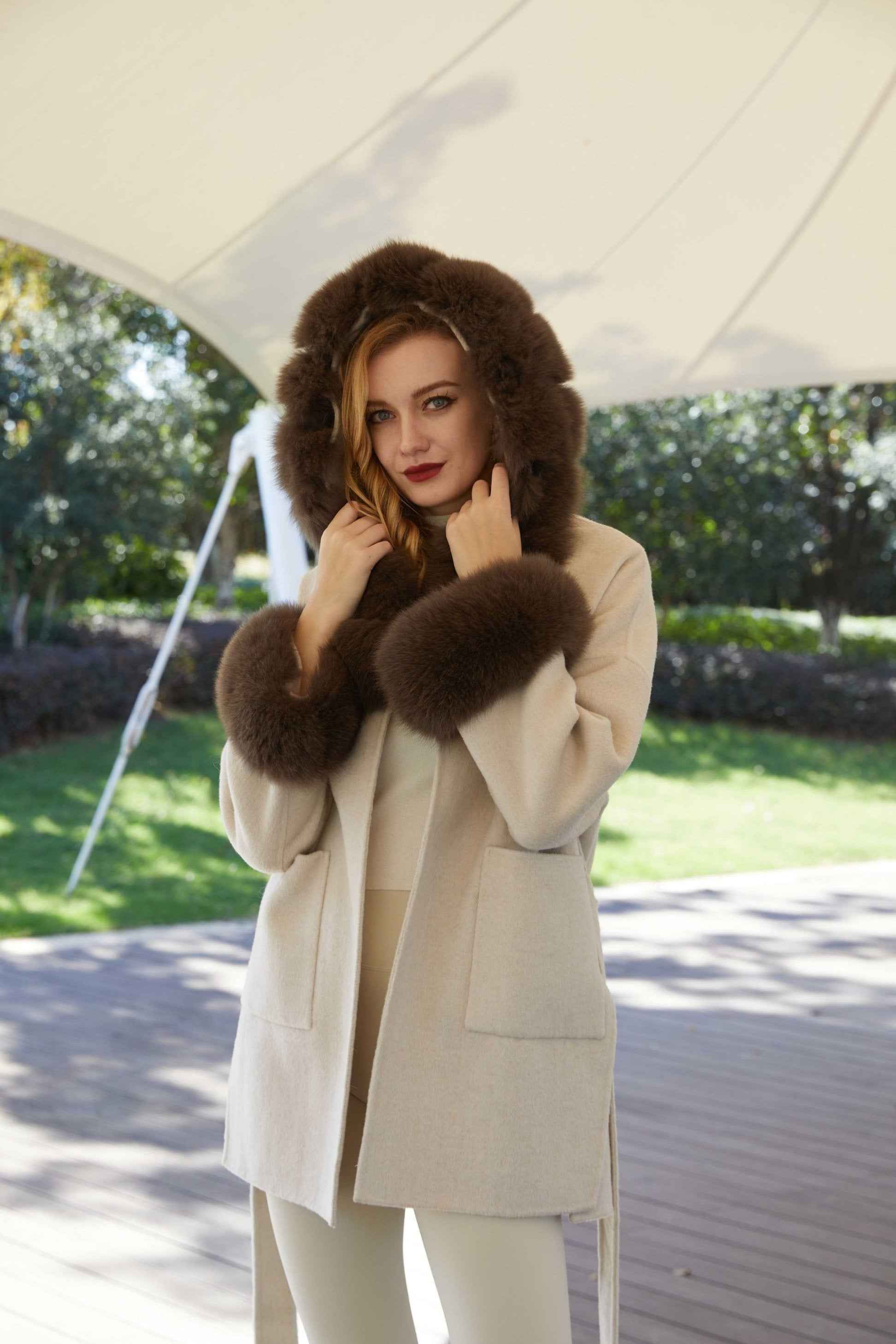 Women's Segmented Fur Collar Hooded Double Sided Cashmere Cuffs with Fur Collar Coat - Janefur