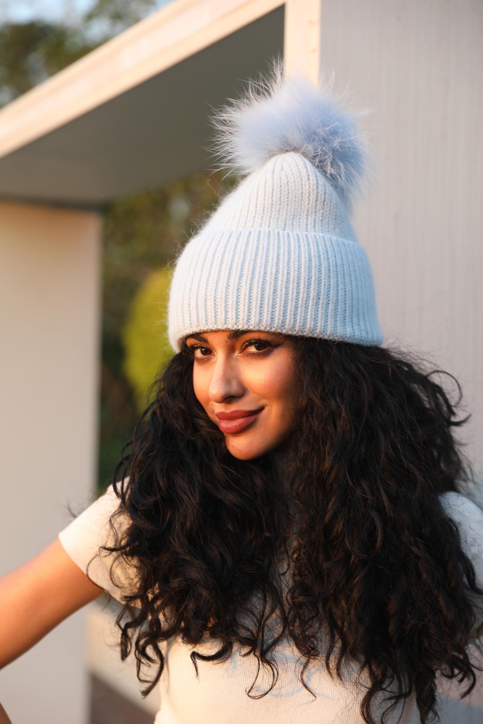 Women's Fashion Thin Striped Rabbit Fur Pom Pom Hat - Janefur