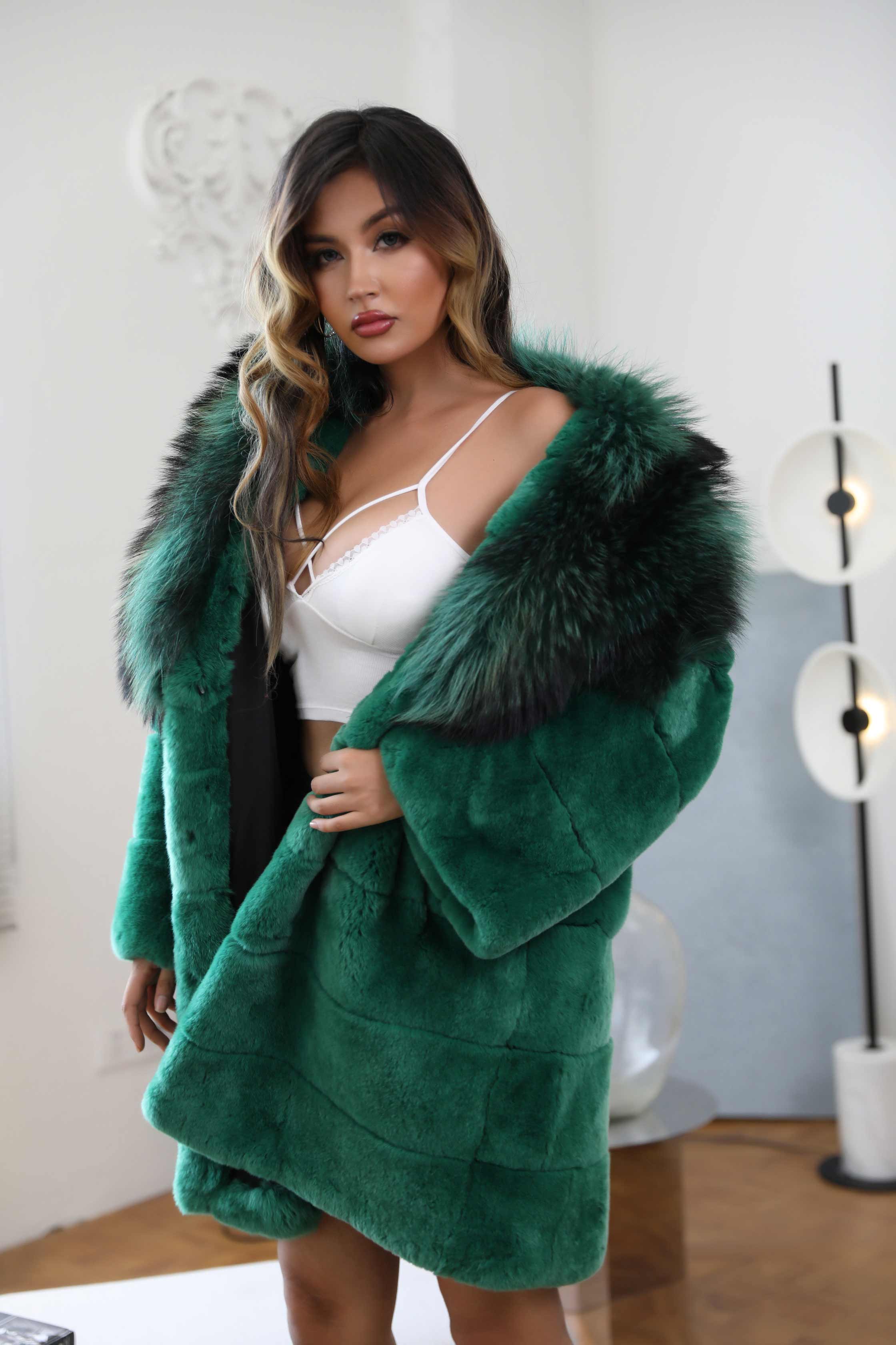 Winter Womens Rabbit Fur Coat Raccoon Fur Collar Real Fur Jacket - Janefur