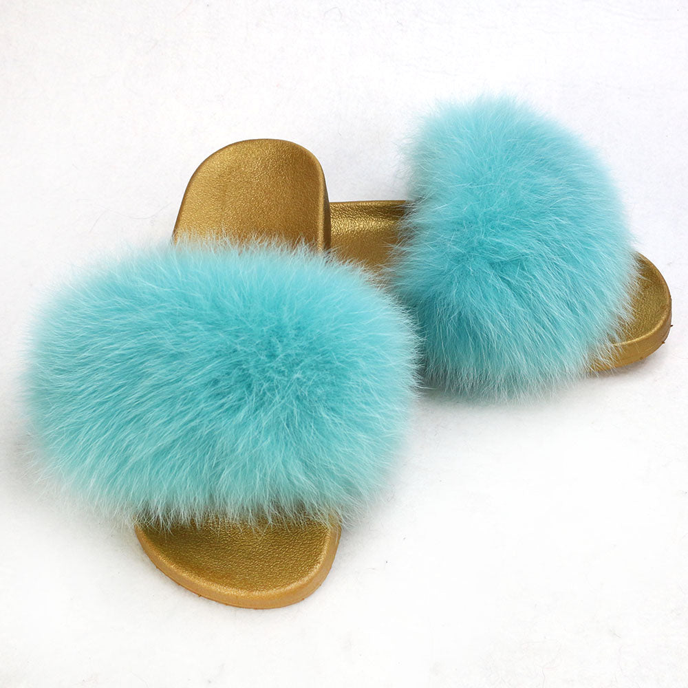 Janefur Wholesale Women's Fashion Slippers With Real Fox Fur Trim (Black, Gold, Silver Soles)