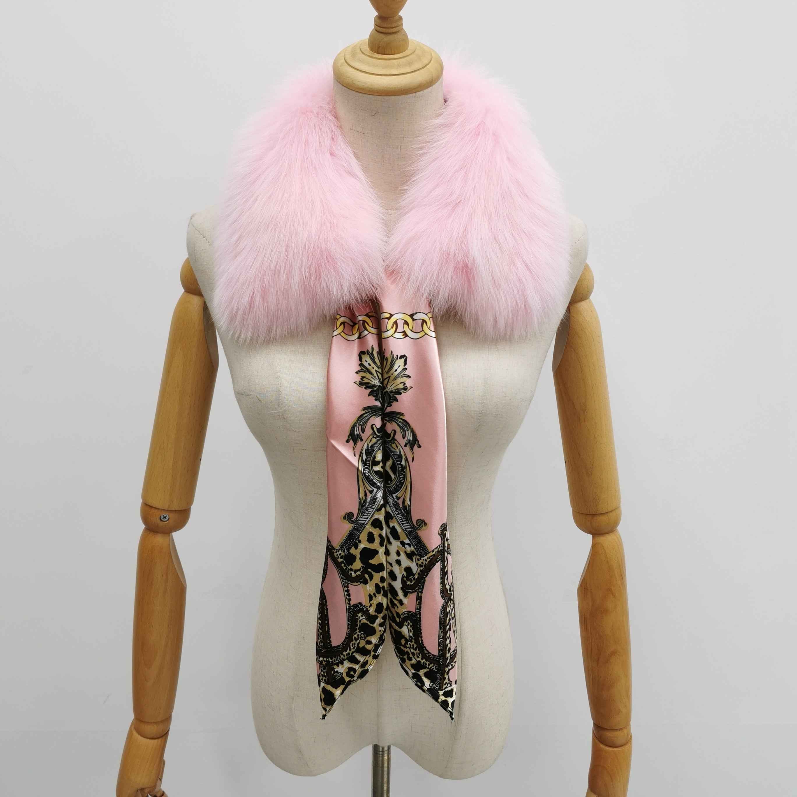 Women's Luxurious Fox Fur Small Square Collar with Printed Silk Scarf - Fashion Accessory 9#Pink F