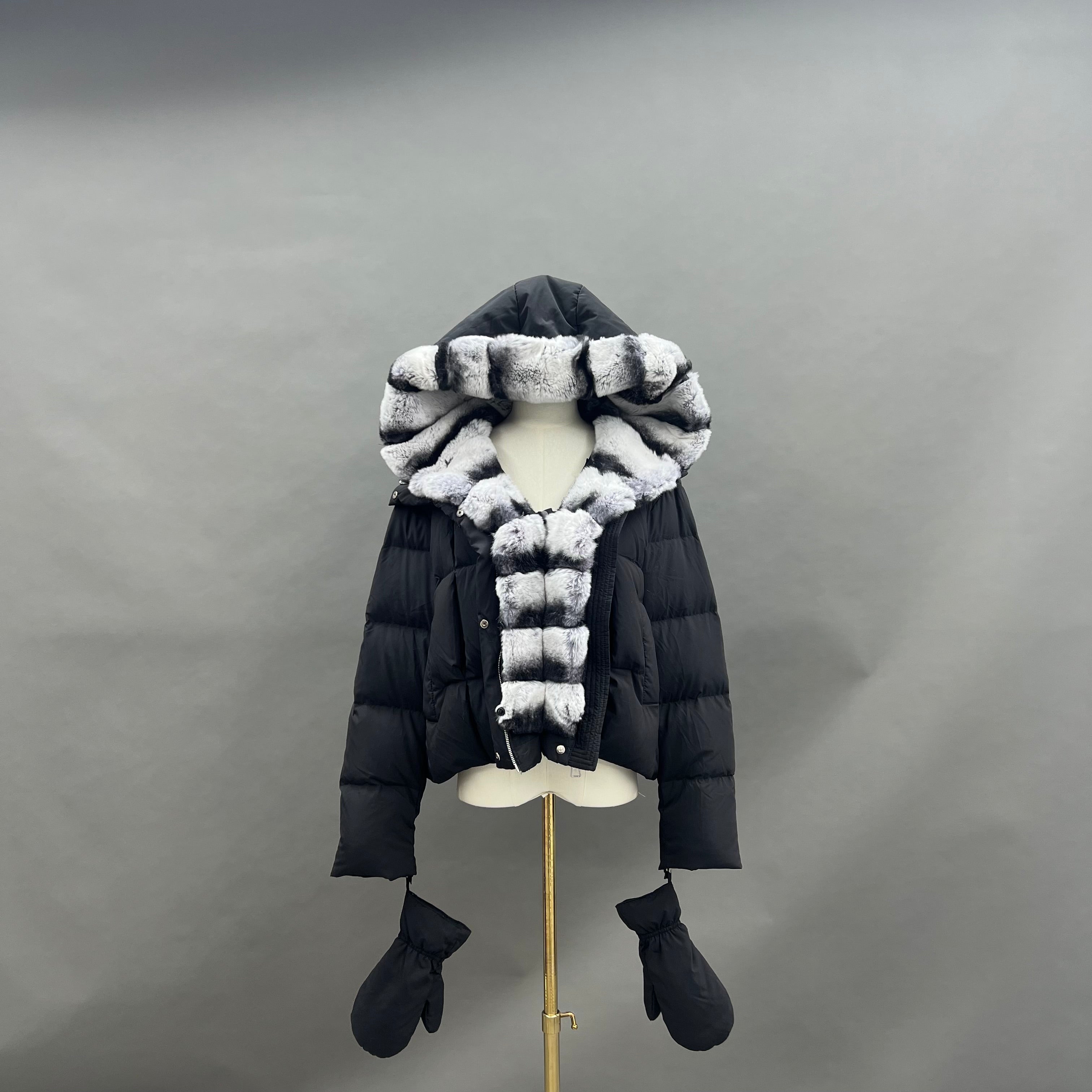 Women’s Beige Down Jacket with Real Rabbit Fur Hood – Detachable Mittens Winter Coat for Warm & Stylish Fashion 6#Black