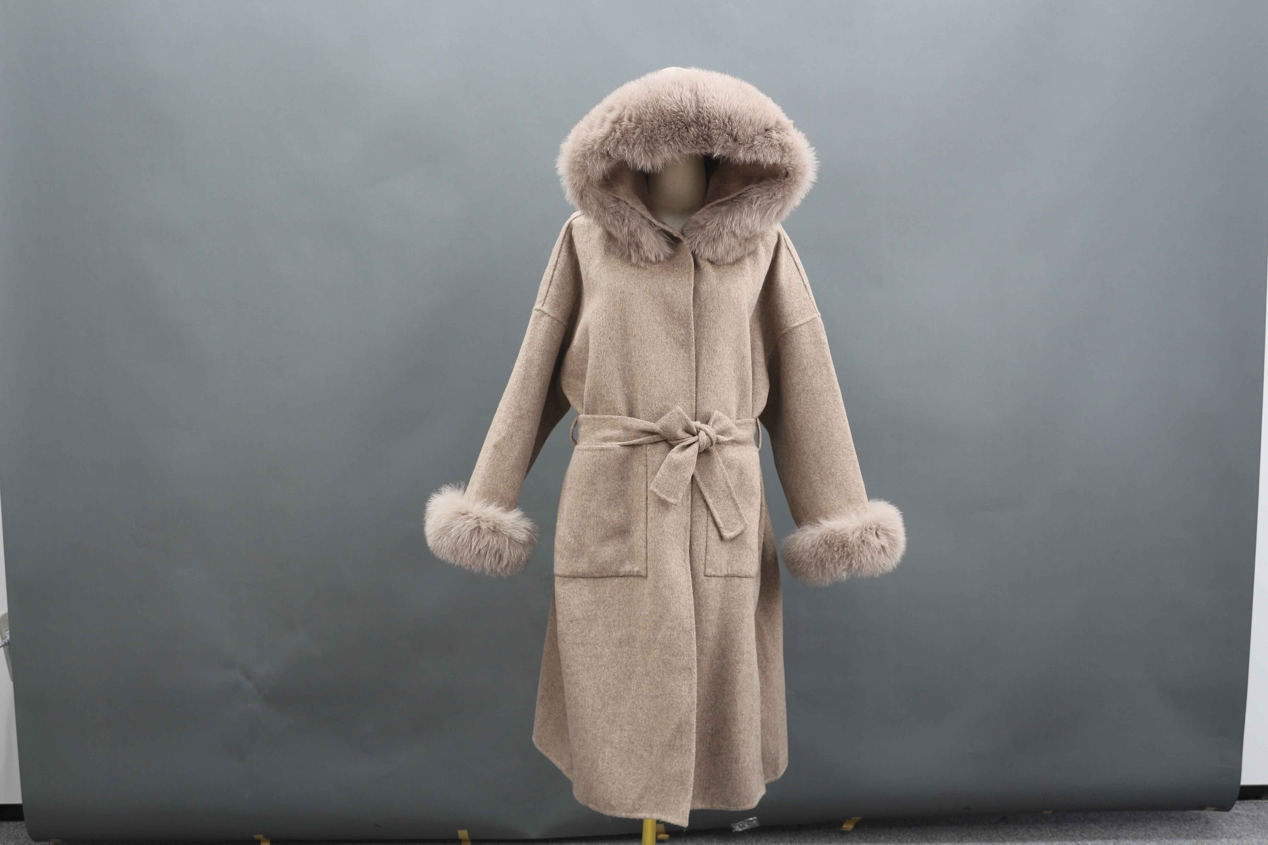 Women's Luxury Double - Faced Cashmere Coat with Fox Fur Collar, Cuffs and Hood, Belted Long Winter Outerwear