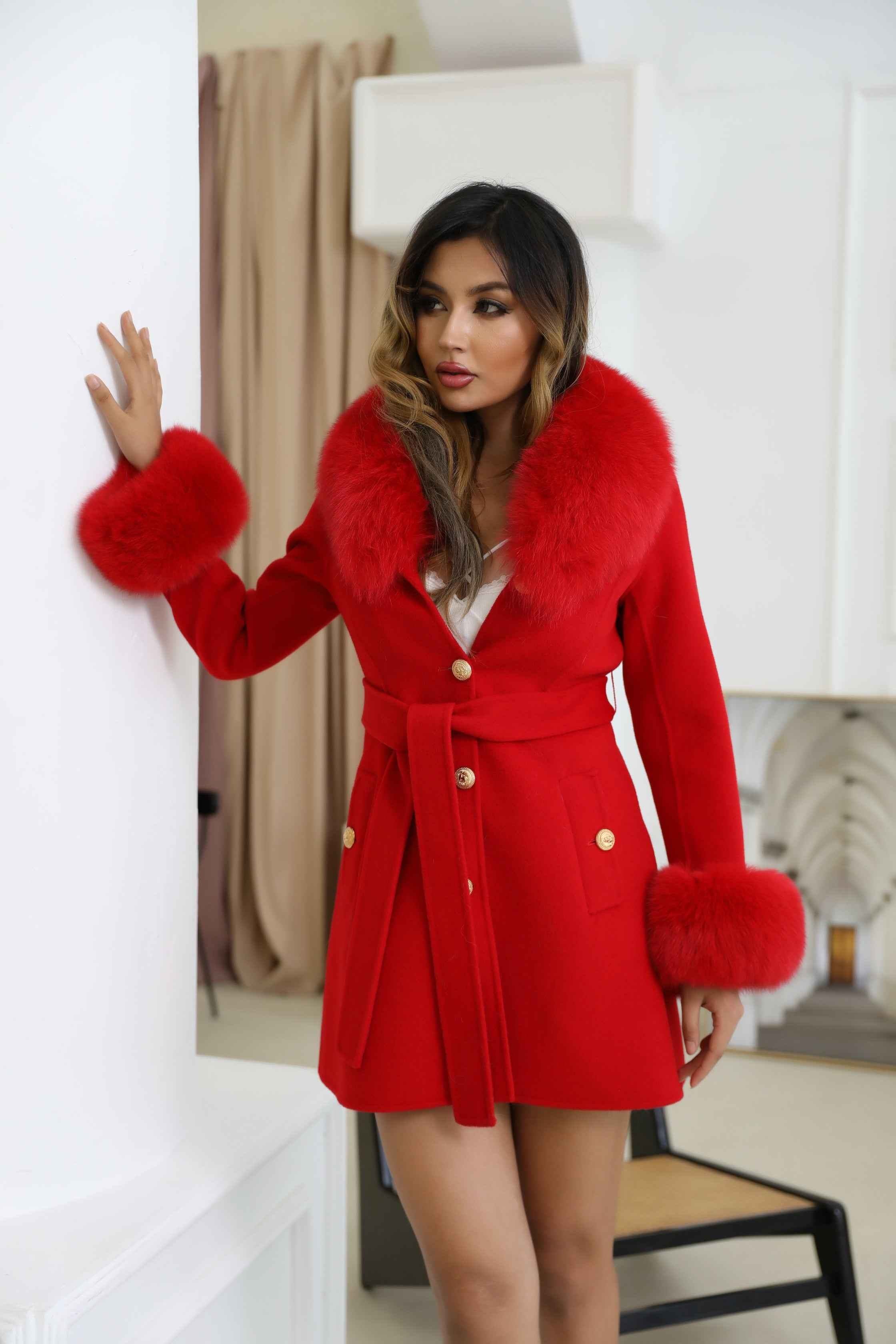 Autumn Winter Red Double - faced Wool Belted Coat