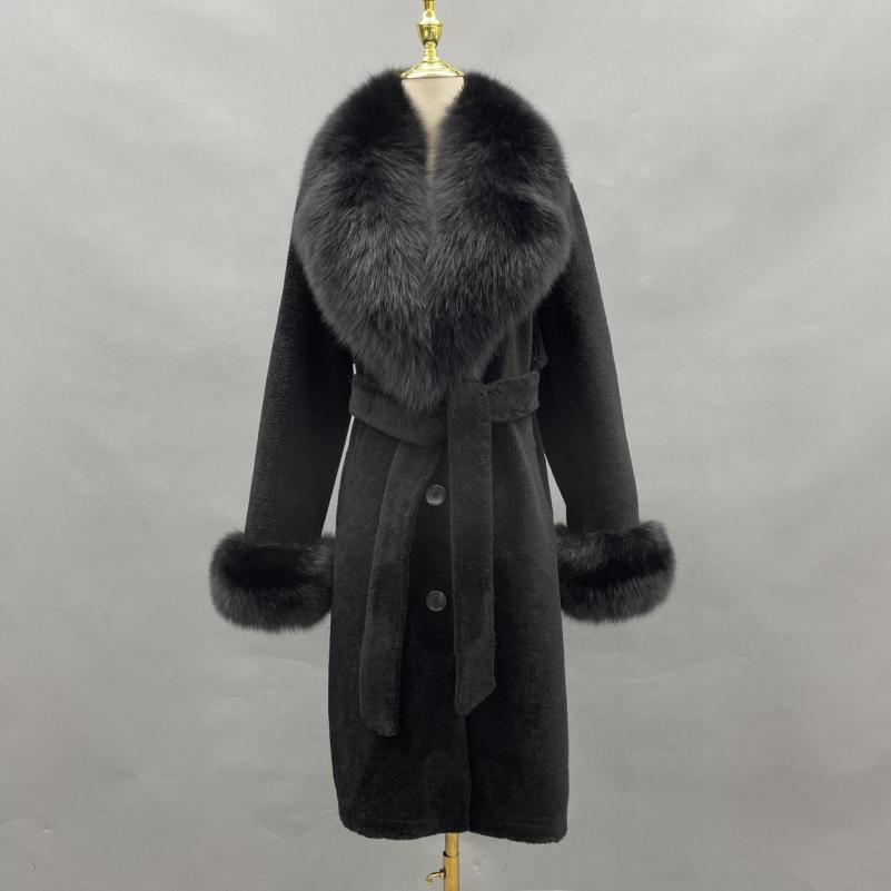 Blazer Collar with Cuffed Sleeves and Fur Waist Belt Coat - Janefur