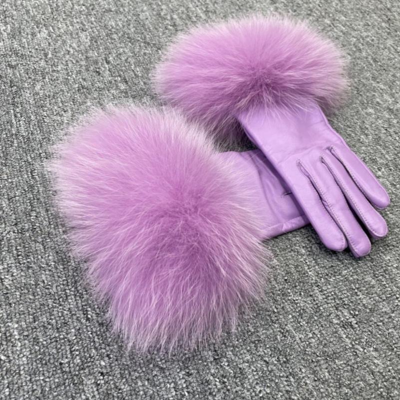 Fox Fur Leather Gloves Rose - Janefur