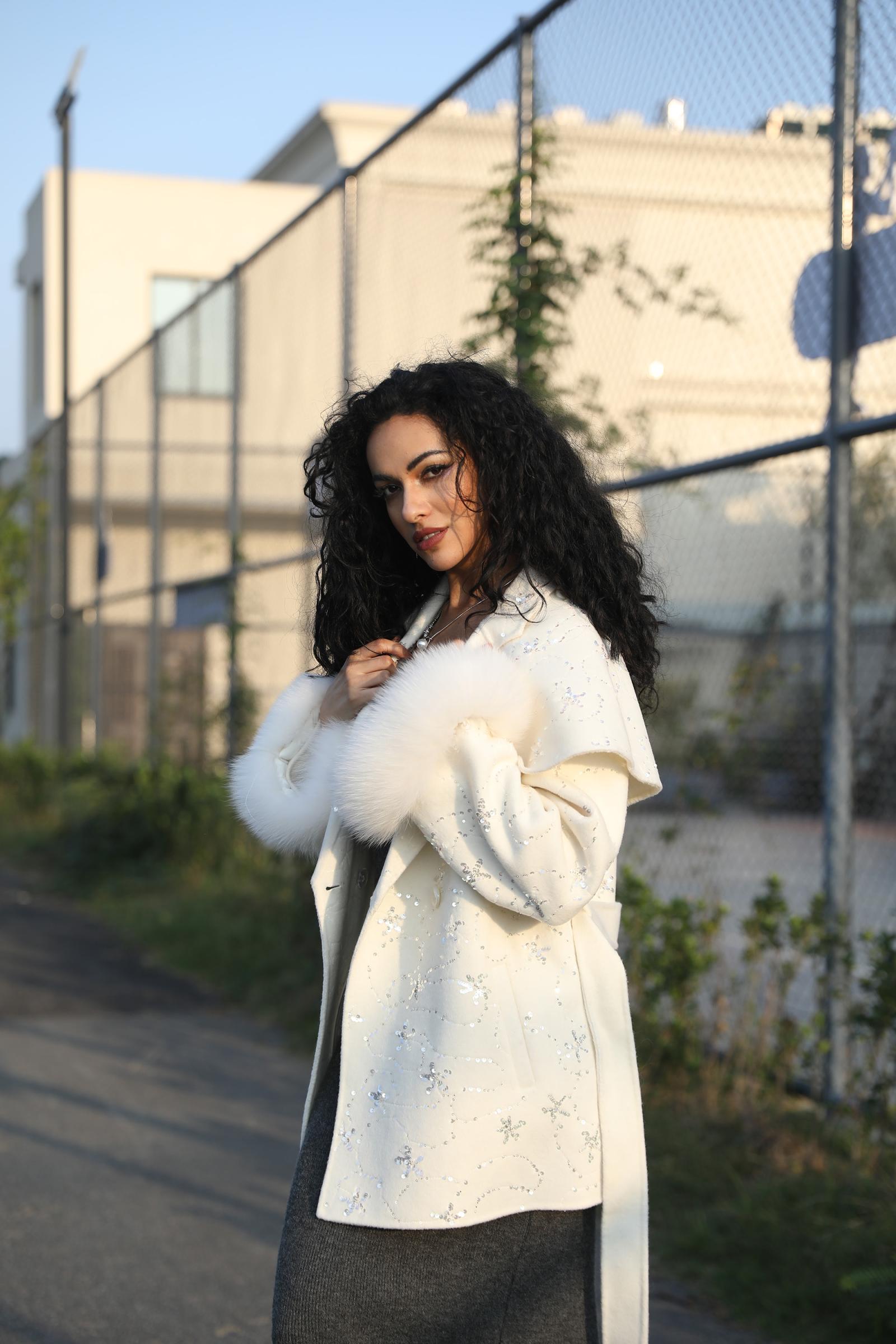 Double -faced Cashmere Outer Jacket for Women, Trendy Sequined Sash Double -faced Wool Coat - Janefur