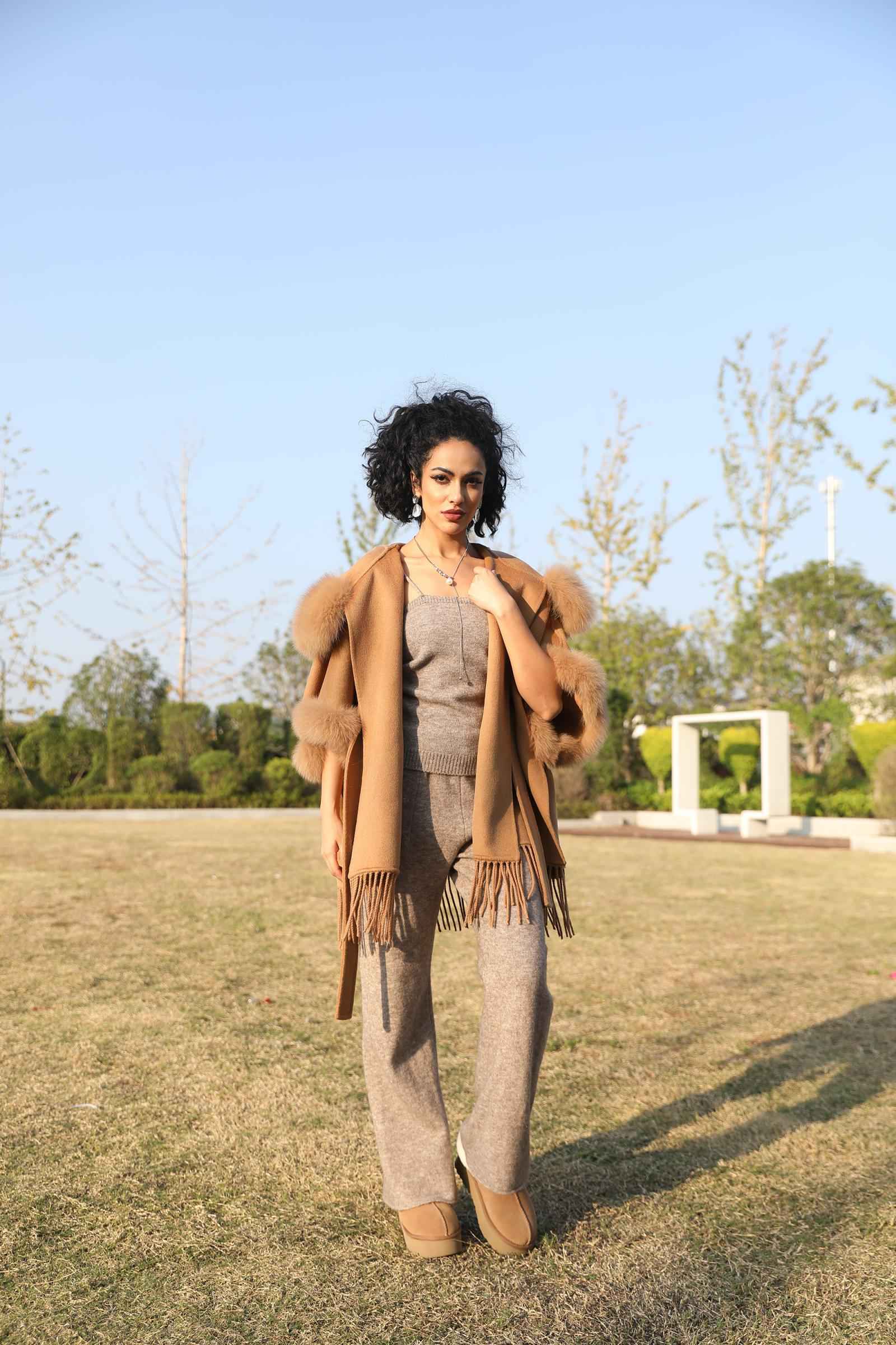 Double-Faced Cashmere Cape Coat for Women with Hood and Fringe Double-Faced Wool Outer Jacket - Janefur