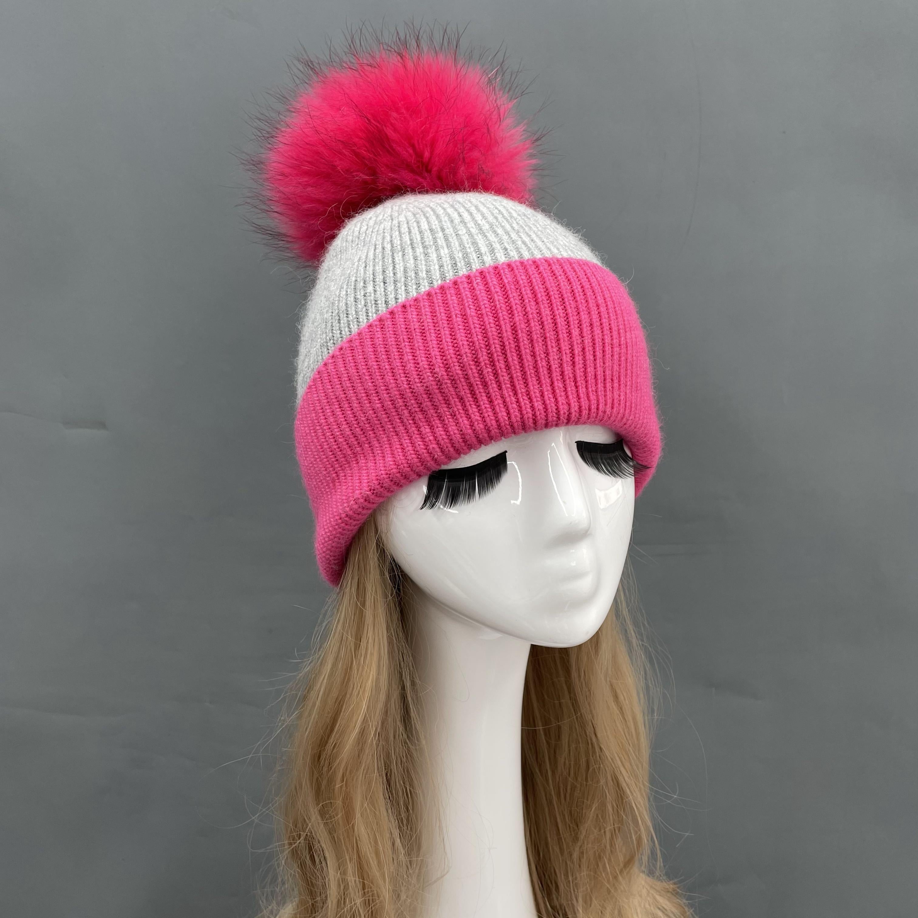 Contrast Color Angora Knitted Fur Pom Pom Warm Beanie Hat For Adults and Children - Janefur