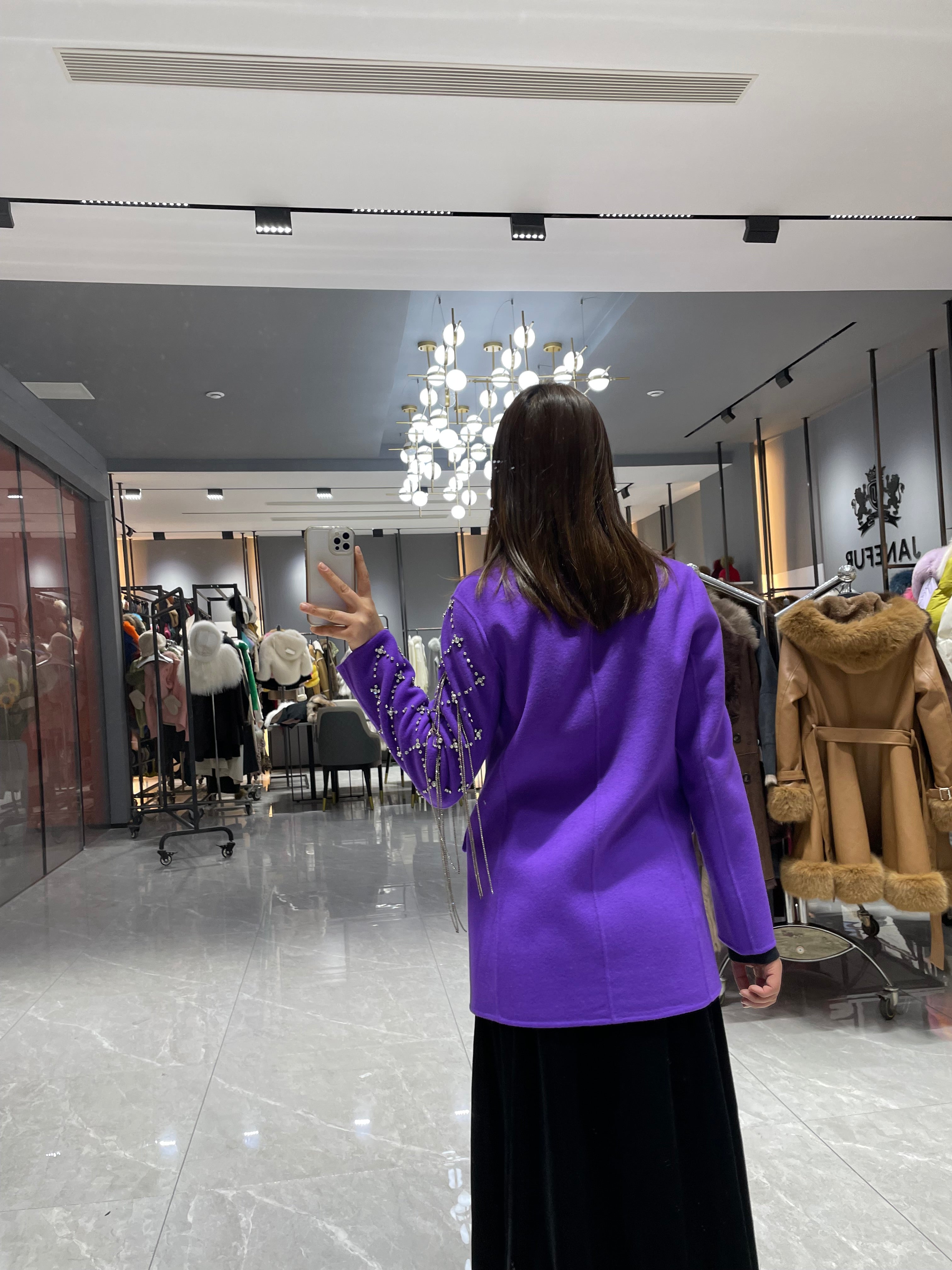 Elegant Pink Double-faced Wool Coat with Single-side Sleeve and Collar Diamond Embellishments - Janefur