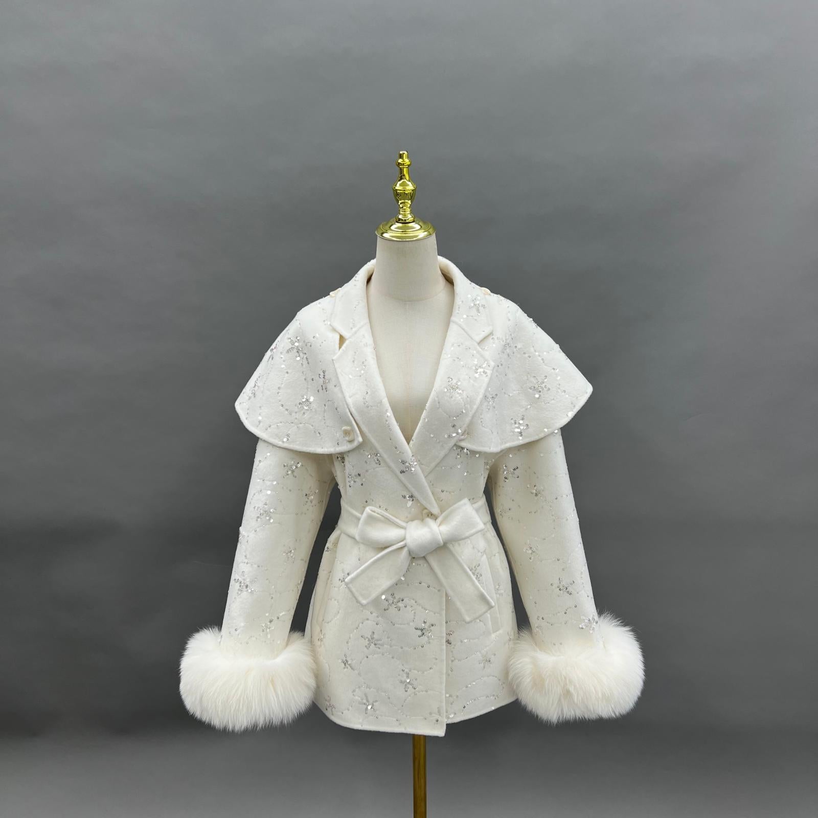 Double -faced Cashmere Outer Jacket for Women, Trendy Sequined Sash Double -faced Wool Coat - Janefur
