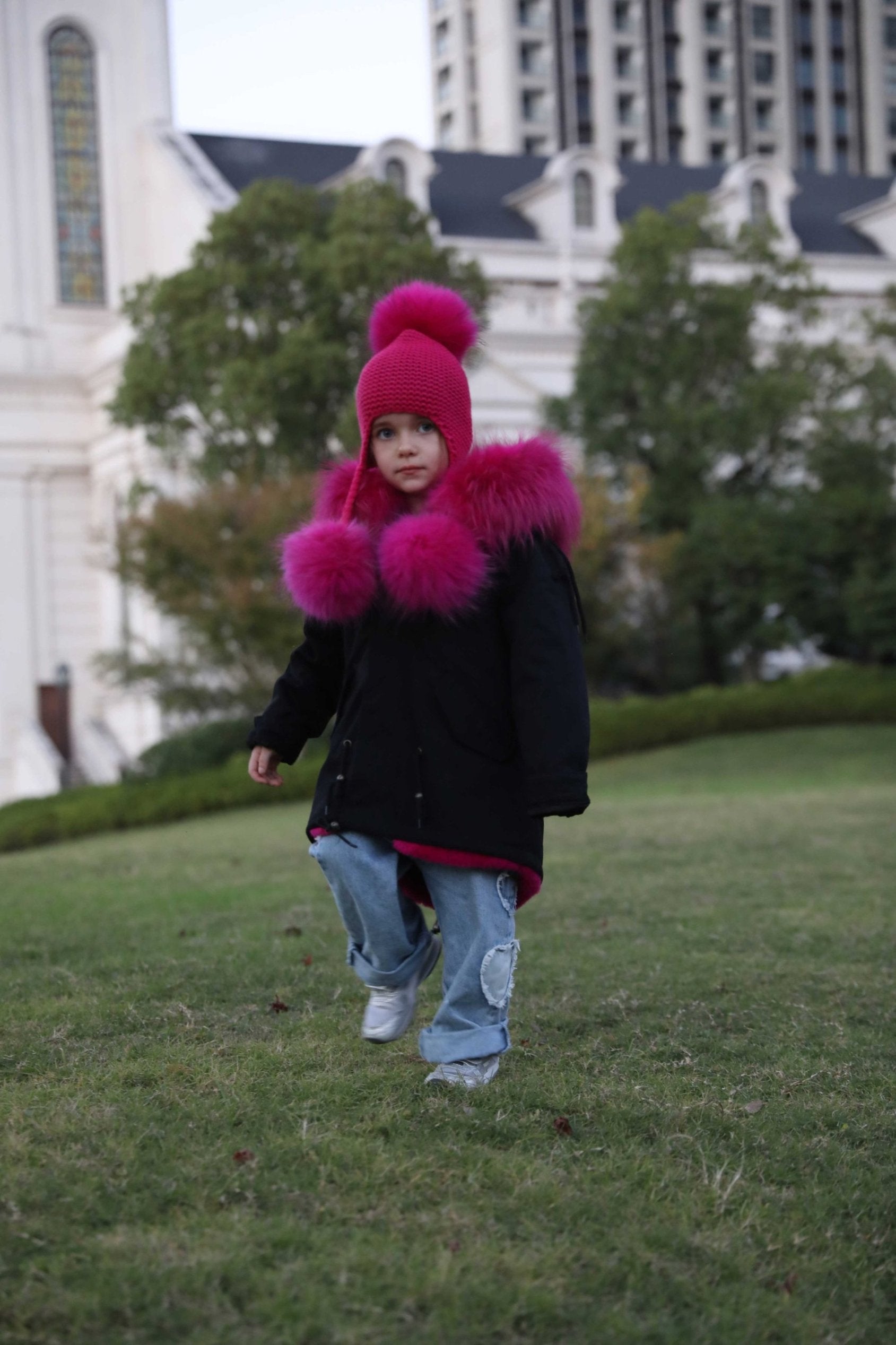 Children's Fashion Knitted Big Braid Raccoon Fur Pom Pom Hat - Janefur