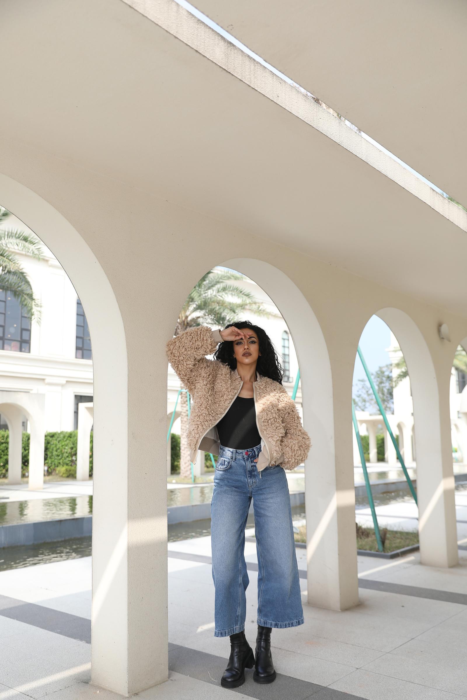 Eco Friendly Wool Baseball Jacket Women's Faux Fur Casual Daily Short Jacket - Janefur