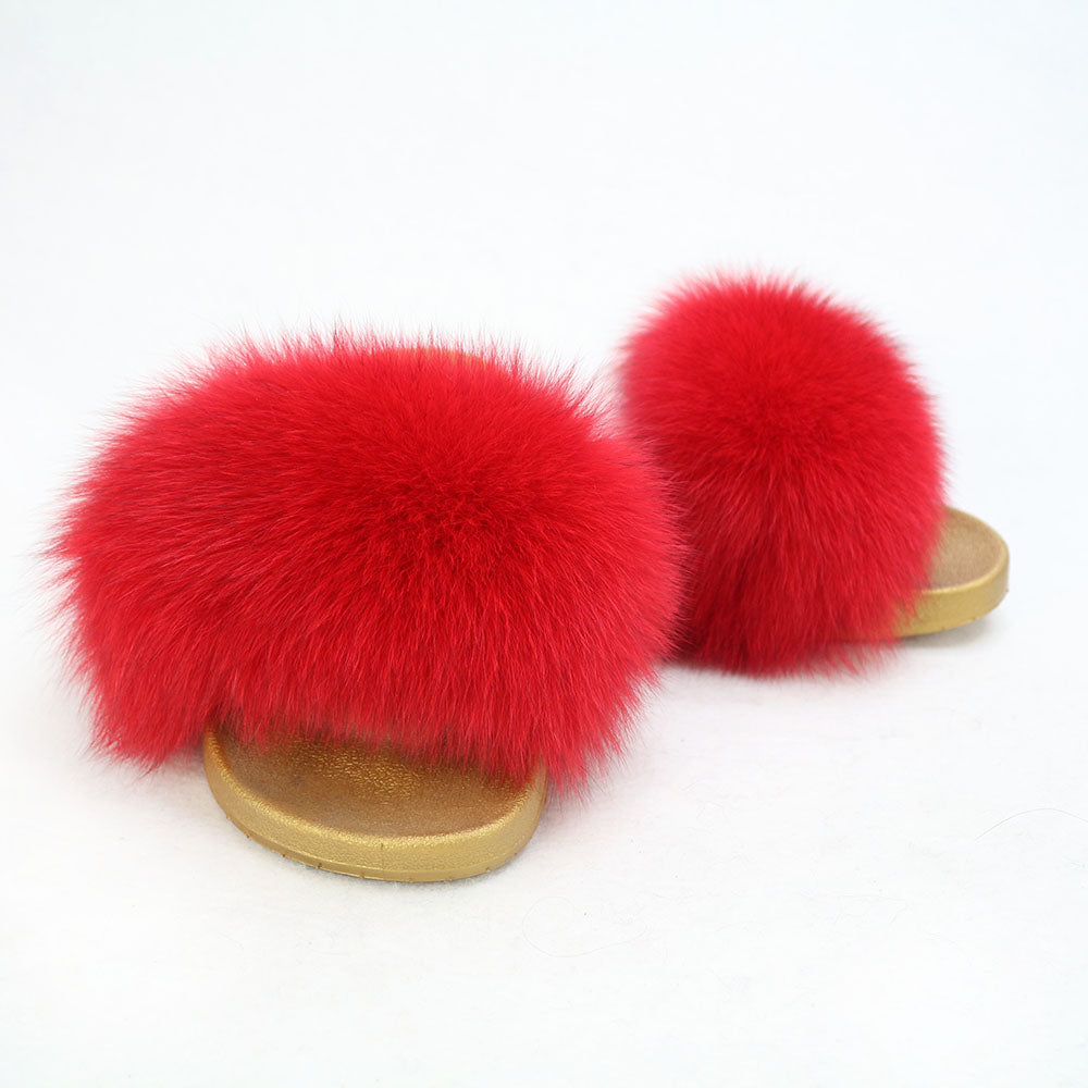 Janefur Wholesale Women's Fashion Slippers With Real Fox Fur Trim (Black, Gold, Silver Soles)