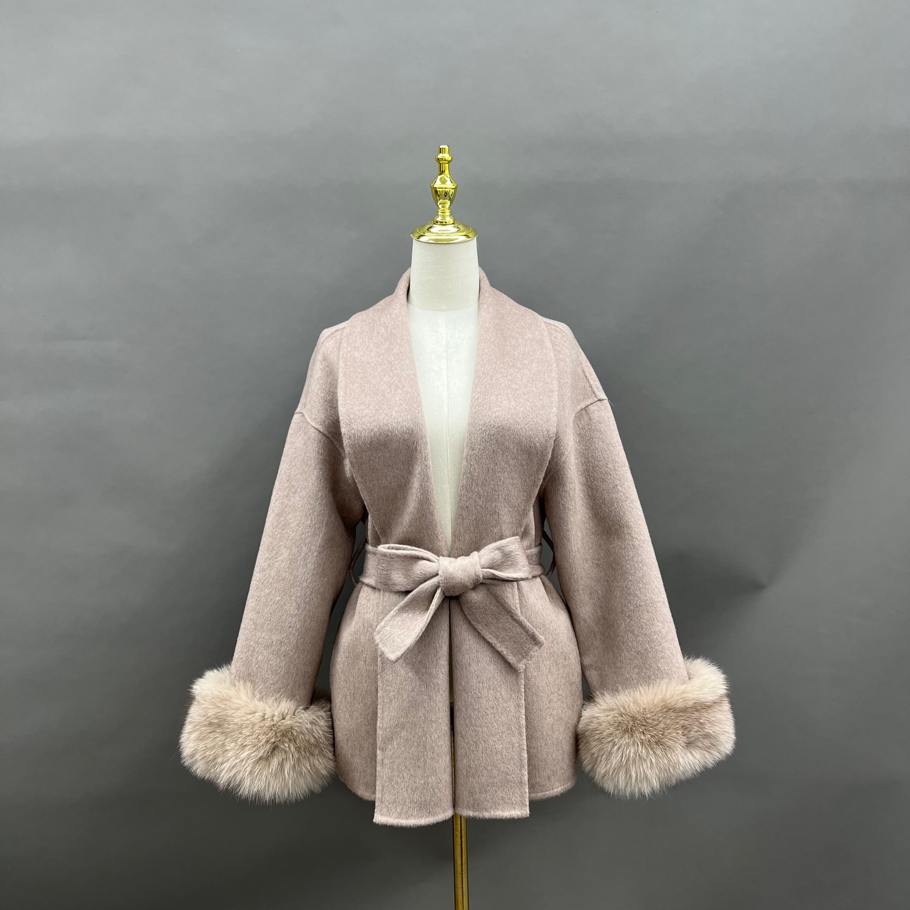 Women’s Burgundy Double-Faced Wool Wrap Coat with Fox Fur Cuffs – Drop Shoulder Belted Short Winter Jacket for Elegant Fashion 5#Beige F-chest 114cm