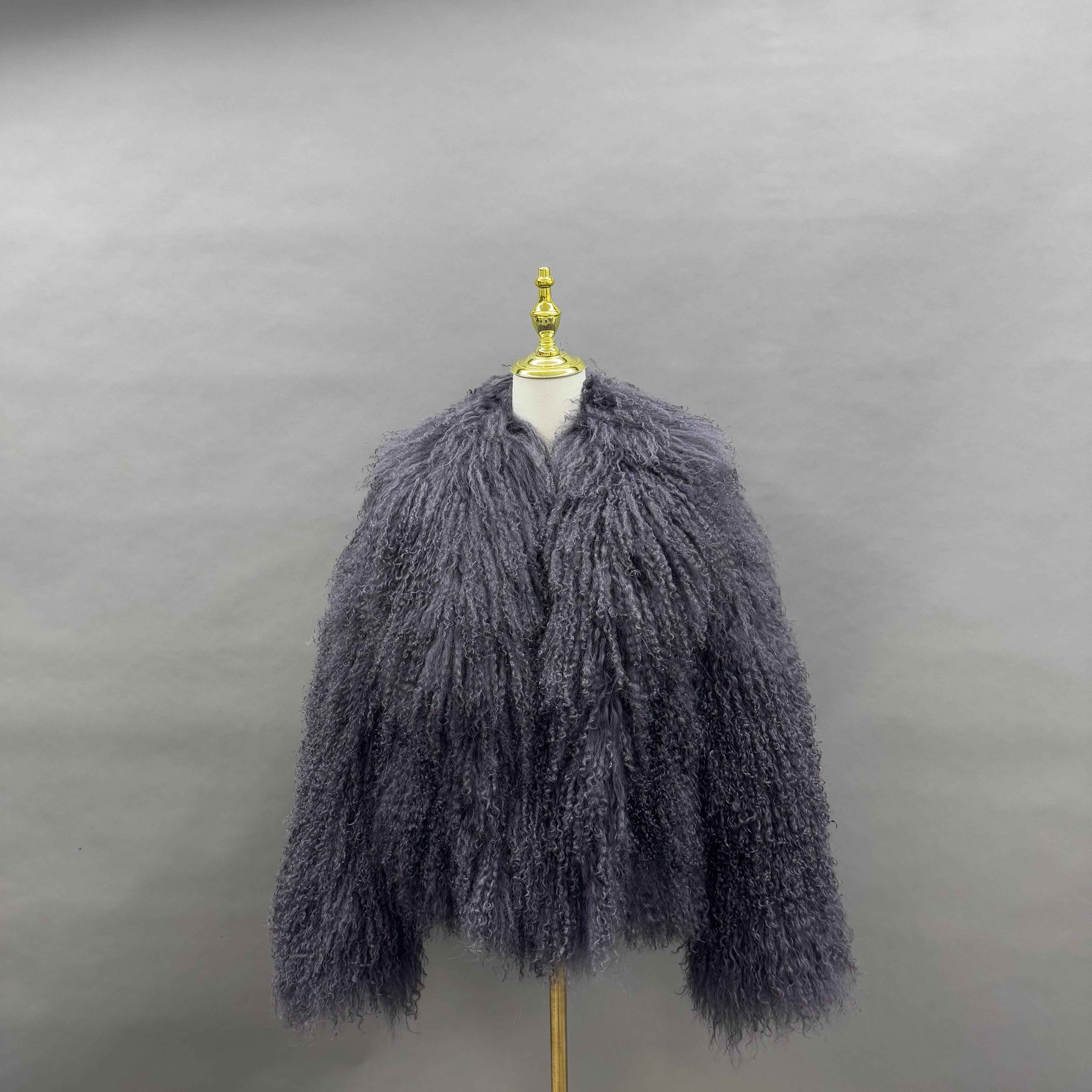 Women's Short Emerald Green Mongolian Lamb Fur Jacket – Notch Lapel, Curly Hair, Stylish Winter Outerwear for Women 13#Light Black