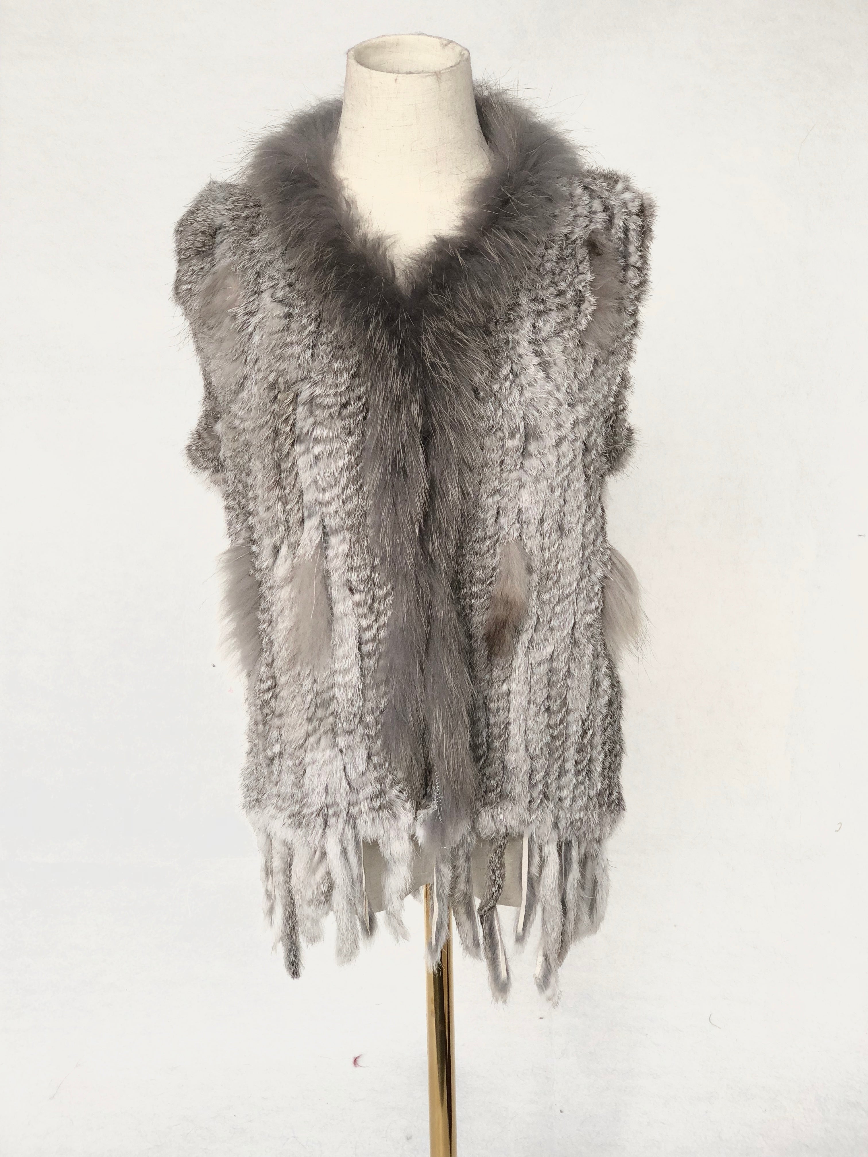 Women's Fuchsia Knitted Rabbit & Fox Fur Vest with Ragged Tramp Style & Fringe Details - Luxe Statement Outerwear