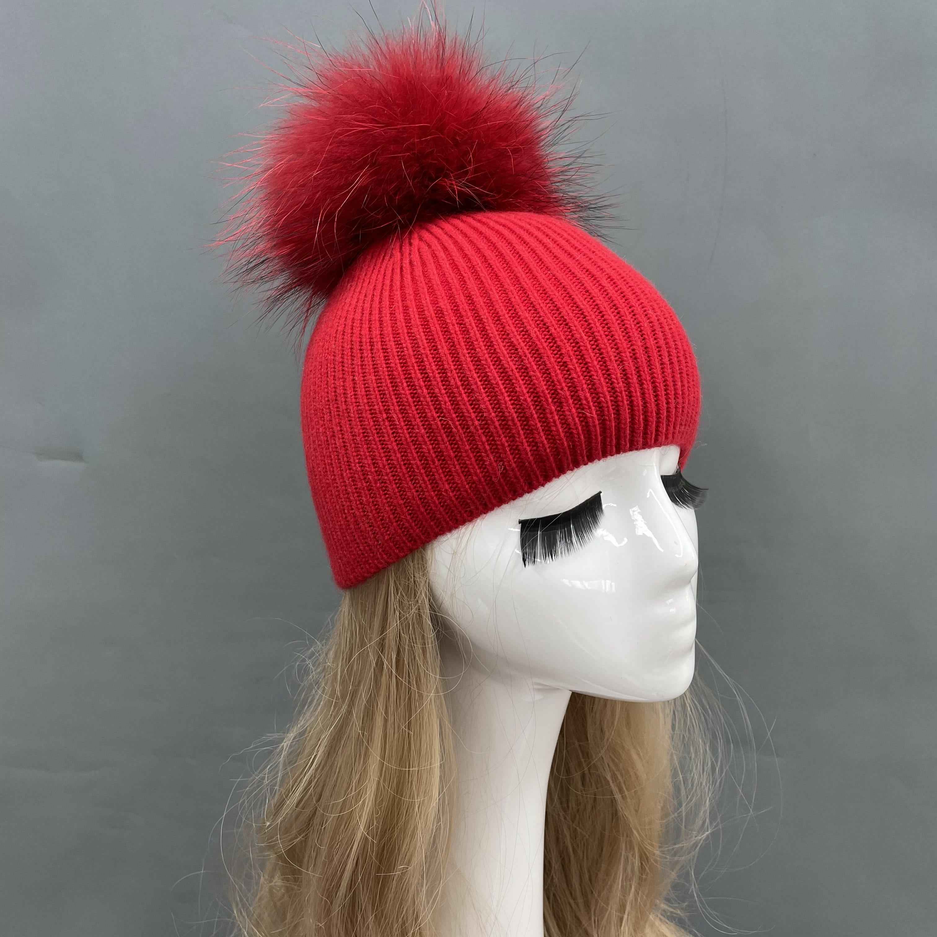Women's & Kids' Gray Knit Beanie with Real Raccoon Fur Pom-Pom – Soft Rabbit Blend, Non-Cuffed Winter Hat for Family 10# Bright Red