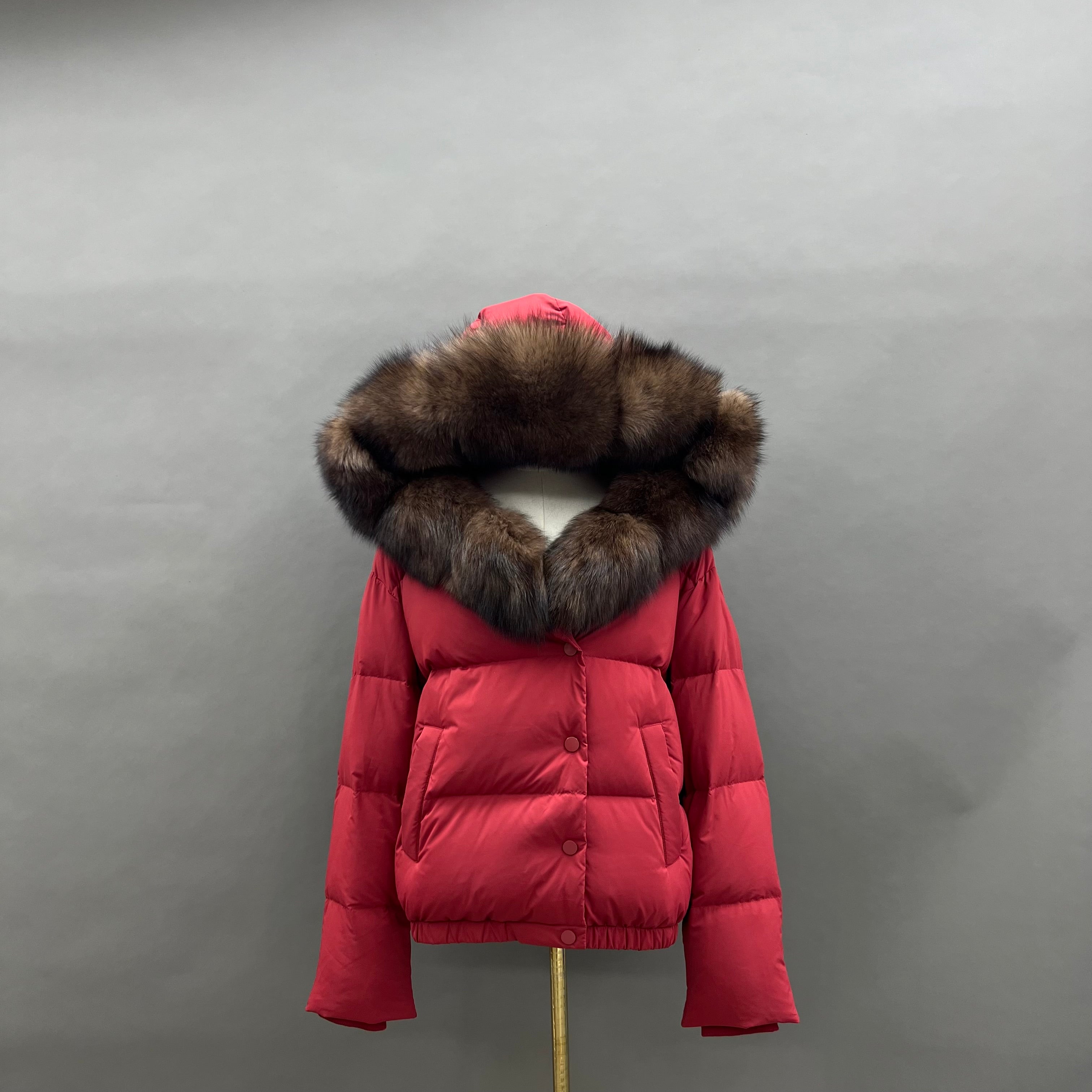 Women’s Brown Down Jacket with Real Fox Fur Hood – Short Puffer Winter Coat for Elegant Fashion 6#Red