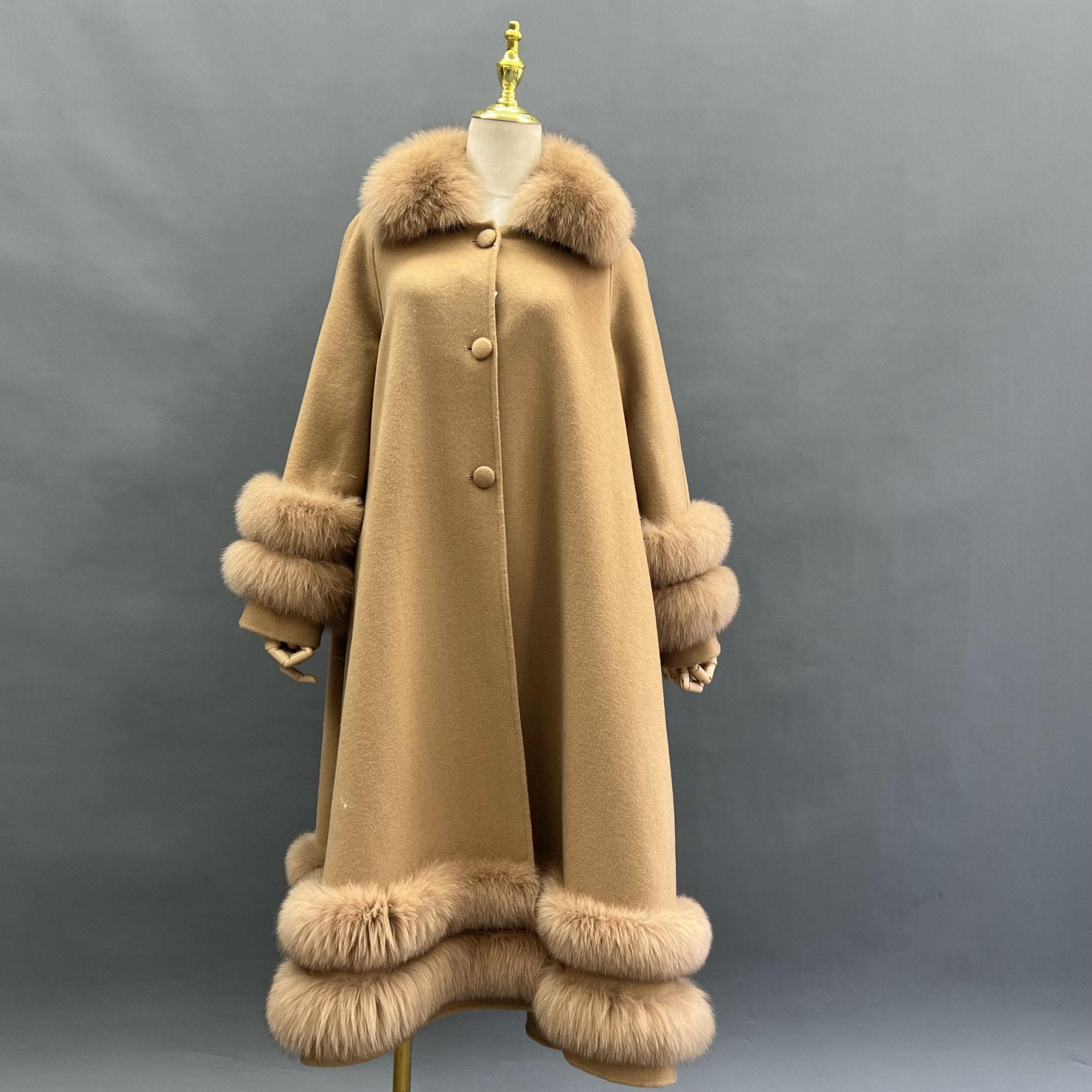 Women's Double Sided Cashmere Coat with Two Sections of Fur Collar at Hem and Cuffs - Janefur