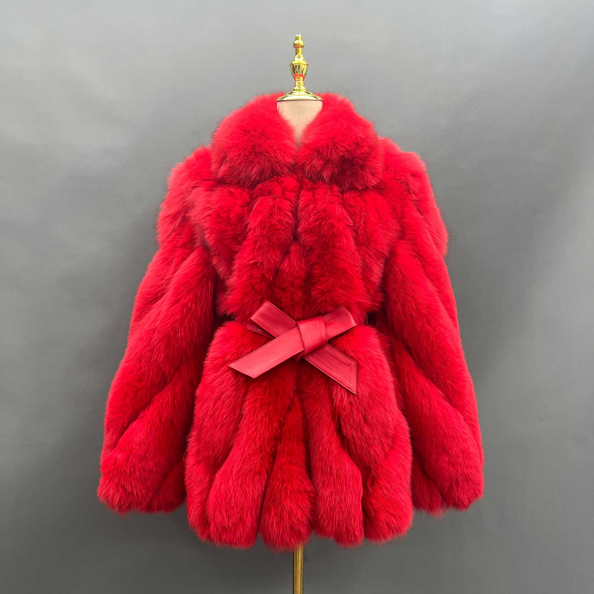 Lapel Genuine Fox Fur Womens Coat Leather Belt Style Fur Coat - Janefur